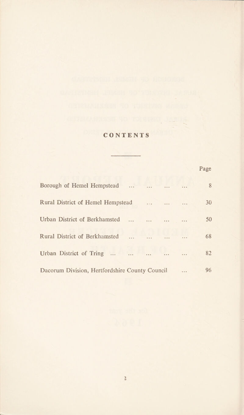 CONTENTS Page Borough of Hemel Hempstead ... 8 Rural District of Hemel Hempstead 30 Urban District of Berkhamsted 50 Rural District of Berkhamsted ... 68 Urban District of Tring 82 Dacorum Division, Hertfordshire County Council 96 l