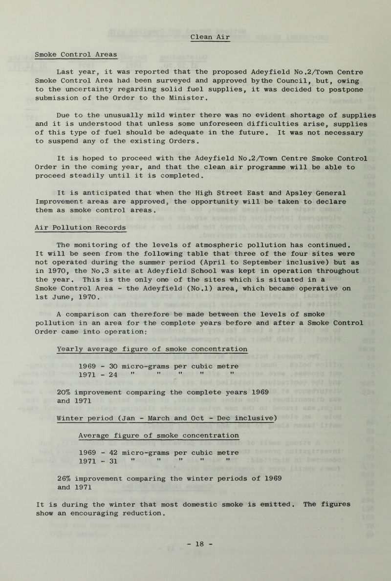 Clean Air Smoke Control Areas Last year, it was reported that the proposed Adeyfield No.2/Town Centre Smoke Control Area had been surveyed and approved bythe Council, but, owing to the uncertainty regarding solid fuel supplies, it was decided to postpone submission of the Order to the Minister. Due to the unusually mild winter there was no evident shortage of supplies and it is understood that unless some unforeseen difficulties arise, supplies of this type of fuel should be adequate in the future. It was not necessary to suspend any of the existing Orders. It is hoped to proceed with the Adeyfield No.2/Town Centre Smoke Control Order in the coming year, and that the clean air programme will be able to proceed steadily until it is completed. It is anticipated that when the High Street East and Apsley General Improvement areas are approved, the opportunity will be taken to declare them as smoke control areas. Air Pollution Records The monitoring of the levels of atmospheric pollution has continued. It will be seen from the following table that three of the four sites were not operated during the summer period (April to September inclusive) but as in 1970, the No.3 site at Adeyfield School was kept in operation throughout the year. This is the only one of the sites which is situated in a Smoke Control Area - the Adeyfield (No.l) area, which became operative on 1st June, 1970. A comparison can therefore be made between the levels of smoke pollution in an area for the complete years before and after a Smoke Control Order came into operation; Yearly average figure of smoke concentration 1969 - 30 micro-grams per cubic metre 1971 - 24     ” 20% improvement comparing the complete years 1969 and 1971 Winter period (Jan - March and Oct - Dec inclusive) Average figure of smoke concentration 1969 - 42 micro-grams per cubic metre 1971 - 31.    26% improvement comparing the winter periods of 1969 and 1971 It is during the winter that most domestic smoke is emitted. The figures show an encouraging reduction.