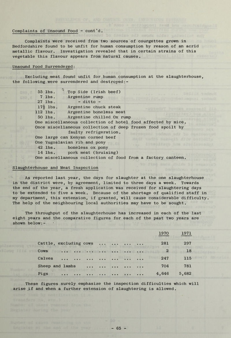 Complaints of Unsound Food - cont'd. Complaints were received from two sources of courgettes grown in Bedfordshire found to be unfit for human consumption by reason of an acrid metallic flavour. Investigation revealed that in certain strains of this vegetable this flavour appears from natural causes. Unsound Food Surrendered: Excluding meat found unfit for human consumption at the slaughterhouse, the following were surrendered and destroyed:- 55 lbs. J Top Side (Irish beef) 7 lbs . Argentine rump 27 lbs . - ditto - 17^ lbs . Argentine chuck steak 112 lbs. Argentine boneless meat 50 lbs. Argentine chilled Ox rump One miscellaneous collection of hotel food affected by mice. Once miscellaneous collection of deep frozen food spoilt by faulty refrigeration. One large can Kenyan corned beef One Yugoslavian rib and pony 42 lbs. boneless ox pony 14 lbs. pork meat (bruising) One miscellaneous collection of food from a factory canteen. Slaughterhouse and Meat Inspection As reported last year, the days for slaughter at the one slaughterhouse in the district were, by agreement, limited to three days a week. Towards the end of the year, a fresh application was received for slaughtering days to be extended to five a week. Because of the shortage of qualified staff in my department, this extension, if granted, will cause considerable difficulty. The help of the neighbouring local authorities may have to be sought. The throughput of the slaughterhouse has increased in each of the last eight years and the comparative figures for each of the past two years are shown below:- 1970 1971 Cattle, excluding cows ... ... • • • . . . 281 297 Cows . ... 2 18 Calves ... ... ... ... 247 115 Sheep and lambs 704 781 Pigs 4,646 5,682 These figures surely emphasize the inspection difficulties which will arise if and when a further extension of slaughtering is allowed.