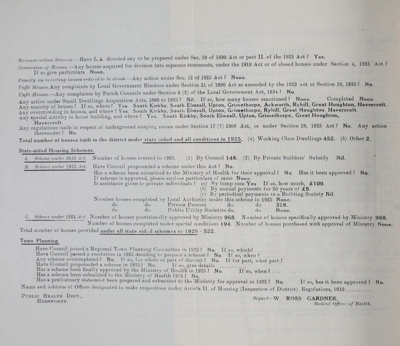 Re-construction Schemes.—Have L.A. directed any to be prepared under Sec. 39 of 1890 Act or part II. of the 1925 Act ? Yes. Conversion oj Houses.-Any houses acquired for division into separate tenements, under the 1919 Act or of closed houses under Section 4, 1925 Act ? If so give particulars None. Fenalty on re-letting houses ordered to be closed.—Any action under Sec. 12 of 1925 Act ? None. UnjH Houses. Any complaints by Local Government Electois under Section 31 of 1890 Act as amended by the 1923 Act or Section 10, 1925 ? No. Unfit Houses.— Any complaints by Parish Councils under Section 6 (2) of the Local Government Act, 1894 ? No Any action under Small Dwellings Acquisition Acts, 1899 to 19231 Nil. If so, how many houses sanctioned ? None. Completed None. Anv scarcity of houses ? If so, where? Yes. South Kirkby, South Elmsall, Upton, Grimethorpe, Ackworth, Ryhdl, Great Houghton, Havercroft. An\- overcrowding in houses, and where ? Yes. South Kirkby, South Elmsall, Upton, Grimethorpe, Ryhill. Great Houghton. Havercroft. Anv special activity in house building, and where 1 Yes. South Kirkby, South Elmsall, Upton, Grimethorpe, Great Houghton, Any re^ulations^uade in respect of underground sleeping rooms under Section 17 (7) 1909 Act, or under Section 18, 1925 Act? No. Any action thereunder ? No. Total number of houses built in the district under state aided and ail conditions in 1925, (a) Working Class Dwellings 452. (b) Other 2. State-aided Housing Schemes. .4. Scheme under 1919 Ad. Number of houses erected in 1925. (1) By Council 148. (2) By Private Builders’ Subsidy Nil. B. Scheme under 1923 Act. Have Council propounded a scheme under this Act ? No. Has a scheme been submitted to the Ministry of Health for their approval ? No. Has it been approved ? No. If scheme is approved, please enclose particulars of same None. Is assistance given to private individuals ? (a) By lump sum Yes If so, hoyv much, £100. (b) By annual payments for 20 years of £8. (r) Bv periodical payments to a Building Society Nil. Number houses completed by Local Authority under this scheme in 1925 None, do. do. Private Persons do. do. 328. do. do. Public Utility Societies do. do. None. C. Scheme under 1924 Act. Number of houses provisionally approved by Ministry 968. Number of houses specifically approved by Ministry 968. Number of houses completed under special conditions 194. Number of houses purchased with approval of Ministrjr Non Total number of houses provided under all state aidod schemes in 1925 - 522. Town Planning. Have Council joined a Regional Town Planning Committee in 1925 ? No. If so, which? Have Council passed a resolution in 1925 deciding to prepare a scheme? No. If so, when ? Any scheme contemplated l No. It so, for whole or part of district? No. It for part, what part ? Have Council propounded a scheme in 1925 ? No. If so, give details Has a scheme been finally approved by the Ministry of Health in 1925 ? No If so when 1 Has a scheme been submitted to the Ministry of Health 1925 ? No. Has a preliminary statement been prepared and submitted to the Ministry for approval in 1925 ? No. If so, has it been approved ? No. Name and Address of Officer designated to make inspections under Article II. of Housing (Inspection of District) Regulations, 1910 Public Hkalth Dept., Hesisworth. Signed— W. ROSS GARDNER, Medical Officer of Health.