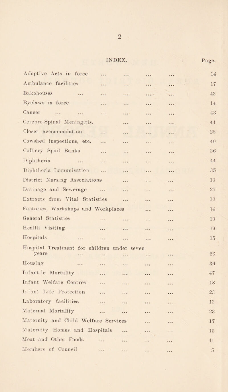 INDEX. Adoptive Acts In force Ambulance facilities Bakehouses Byelaws in force Cancer Cerebro-Spinai Meningitis. Closet accommodation Cowshed inspections, etc. Colliery Spoil Banks Diphtheria Diphtheria Immunisation D istrict Nursing- Associations Drainage and Sewerage Extracts from Vital Statistics Factories, Workshops and Workplaces General Statistics Health Visiting ... Hospitals Hospital Treatment for children under seven years Housing- Infantile Mortality Infant Welfare Centres Infant Life Protection Laboratory facilities Maternal Mortality Maternity and Child Welfare Services Maternity Homes and Hospitals Meat and Other Foods Members, of Council
