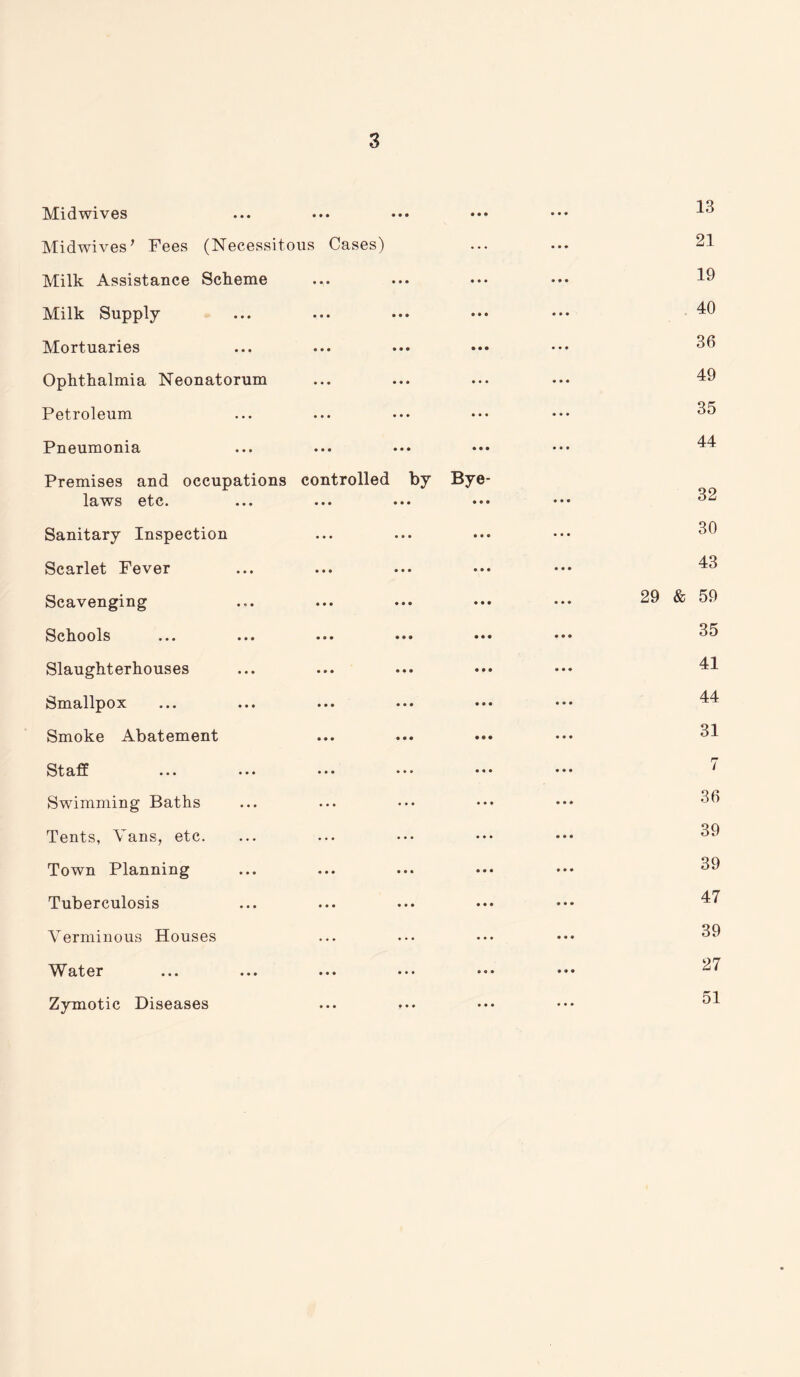 Midwives Midwives' Fees (Necessitous Cases) Milk Assistance Scheme Milk Supply Mortuaries Ophthalmia Neonatorum Petroleum Pneumonia Premises and occupations controlled by By laws etc. ... ... ••• Sanitary Inspection Scarlet Fever Scavenging Schools ... ... ••• ••• Slaughterhouses Smallpox Smoke Abatement Staff Swimming Baths Tents, Vans, etc. Town Planning Tuberculosis Verminous Houses Water Zymotic Diseases 13 21 19 40 36 49 35 44 32 30 43 29 & 59 35 41 44 31 7 36 39 39 47 39 27 51