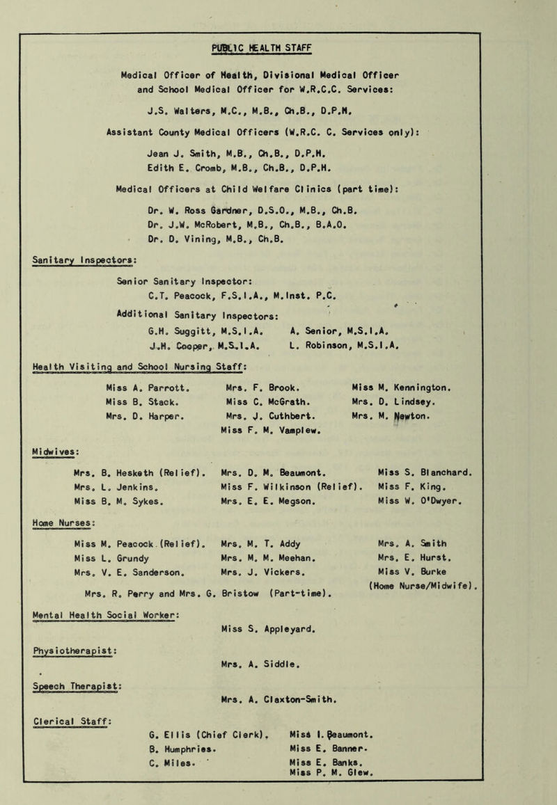 PUBLIC HEALTH STAFF Medical Officer of Health, Divisional Medical Officer and School Medical Officer for W.R.C.C. Services: J.S, Walters, M„C., M.B., Ch.B., D.P.H. Assistant County Medical Officers (W.R.C. C. Services only): Jean J. Smith, M.B., Ch.B., O.P.H. Edith E. Cromb, M.B., Ch.B., D.P.H. Medical Officers at Child Welfare Clinics (part time): Dr. W. Ross Gardner, D.S.O., M.B., Ch.B. Dr. J.W. McRobert, M.B., Ch.B., B.A.O. Dr. D, Vining, M.B., Ch.B. Sanitary Inspectors: Senior Sanitary Inspector: C.T. Peacock, F.S.I.A., M.lnst. P.C. - * Additional Sanitary Inspectors: G.H. Suggitt, M.S.I.A. A. Senior, M.S.I.A. J.H. Cooper, M.S.I.A. L. Robinson, M.S.I.A. Health Visiting and School Nursing Staff: Miss A. Parrott. Mrs. F. Brook. Miss M. Kennington. Miss B. Stack. Miss C. McGrath. Mrs. D. Lindsey. Mrs. D. Harper. Mrs. J. Cuthbert. Mrs. M. Newton. Miss F. M. Vamplew. M i dw iyes: Mrs. B. Hesketh (Relief). Mrs, L. Jenkins. Miss B. M. Sykes. Mrs. D„ M. Beaumont. Miss S. Blanchard. Miss F. Wilkinson (Relief). Miss F. King. Mrs. E. E. Megson. Miss W. O'Dwyer. Home Nurses: Miss M, Peacock.(ReIief). Mrs. M. T. Addy Miss L. Grundy Mrs. M. M. Meehan. Mrs, V. E. Sanderson. Mrs. J. Vickers. Mrs. R. Perry and Mrs. G. Bristow (Part-time). Mental Health Social Worker: Miss S. Appleyard. Physiotherapist: Mrs. A. Siddle. Speech Therapist: Mrs. A. Claxton-Smith. Mrs. A. Smith Mrs. E, Hurst. Miss V. 8urke (Home Nurse/Midwife). Clerical Staff: G. Ellis (Chief Clerk), MisS I. peaumont. B. Humphries. Miss E. Banner. C. Miles. Miss E. Banks. Mias P. M. Glew.