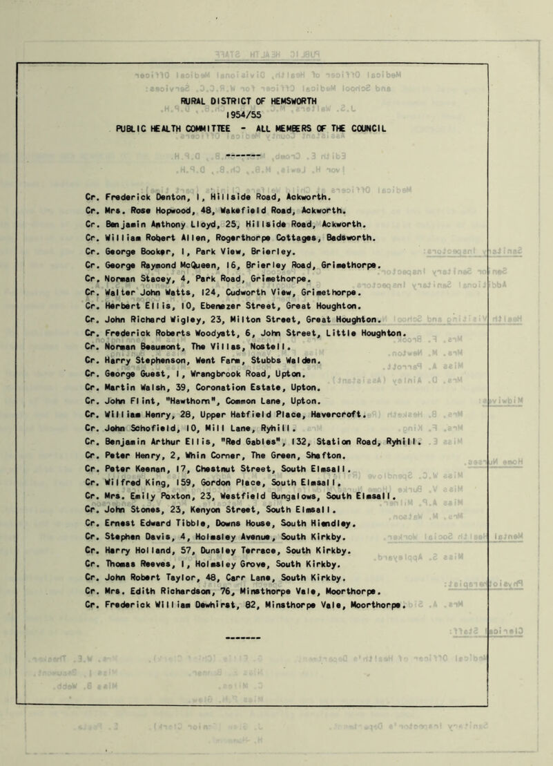 tooi'HO , soibs«*i -snoiai v *0 rtilssH lo nsoi^tO IsoibeM RURAL DISTRICT OF HEMSWORTH 1954/55 PUBLIC HEALTH COMMITTEE - ALL MEMBERS OF THE COUNCIL Cr. Frederick Denton, I, Hillside Road, Ackworth. Cr. Mrs. Rose Hopwood, 48, Wakefield Road, Ackworth. Cr. Benjamin Anthony Lloyd, 25, Hillside Road, Ackworth. Cr. WiIlian Robert Allen, Rogerthorpe Cottages, Badsworth. Cr. 6eorge Booker, I, Park View, Brierley. Cr. George Raymond McQueen, 16, Brierley Road, 6rimethorpe. Cr. Norman Stacey, 4, Park Road, Grimethorpe. Cr. Walter John Watts, 124, Cudworth View, 6rimethorpe. Cr. Herbert Ellis, 10, Ebenezer Street, Great Houghton. Cr. John Richard Wigley, 23, Milton Street, Great Houghton. Cr. Frederick Roberts Woodyatt, 6, John Street, Little Houghton. Cr. Norman Beaumont, The Villas, Nostell. Cr. Harry Stephenson, Went Farm, Stubbs Walden. Cr. George Guest, I, Wrangbrook Road, Upton. Cr. Martin Walsh, 39, Coronation Estate, Upton. Cr. John Flint, Hawthorn, Common Lane, Upton. Cr. William Henry, 28, Upper Hatfield Place, Havercroft. Cr. John Schofield, 10, Mill Lane, Ryhill. Cr. Benjamin Arthur Ellis, Red Gables, 132, Station Road, Ryhill Cr. Peter Henry, 2, Whin Comer, The Green, Shafton. Cr. Peter Keenan, 17, Chestnut Street, South Elmsall. Cr. Wilfred King, 159, Gordon Place, South ElmsalI. Cr. Mrs. Emily Paxton, 23, Westfield Bungalows, South Elmsall. Cr. John Stones, 23, Kenyon Street, South Elmsall. Cr. Ernest Edward Tibbie, Downs House, South Hiendley. Cr. Stephen Davis, 4, Holmsley Avenue, South Kirkby. Cr. Harry Holland, 57, Dunsley Terrace, South Kirkby. Cr. Thomas Reeves, I, Holmsley Grove, South Kirkby. Cr. John Robert Taylor, 48, Carr Lane, South Kirkby. Cr. Mrs, Edith Richardson, 76, Minsthorpe Vale, Moorthorpe. Cr. Frederick William Dewhirst, 82, Minsthorpe Vale, Moorthorpe.