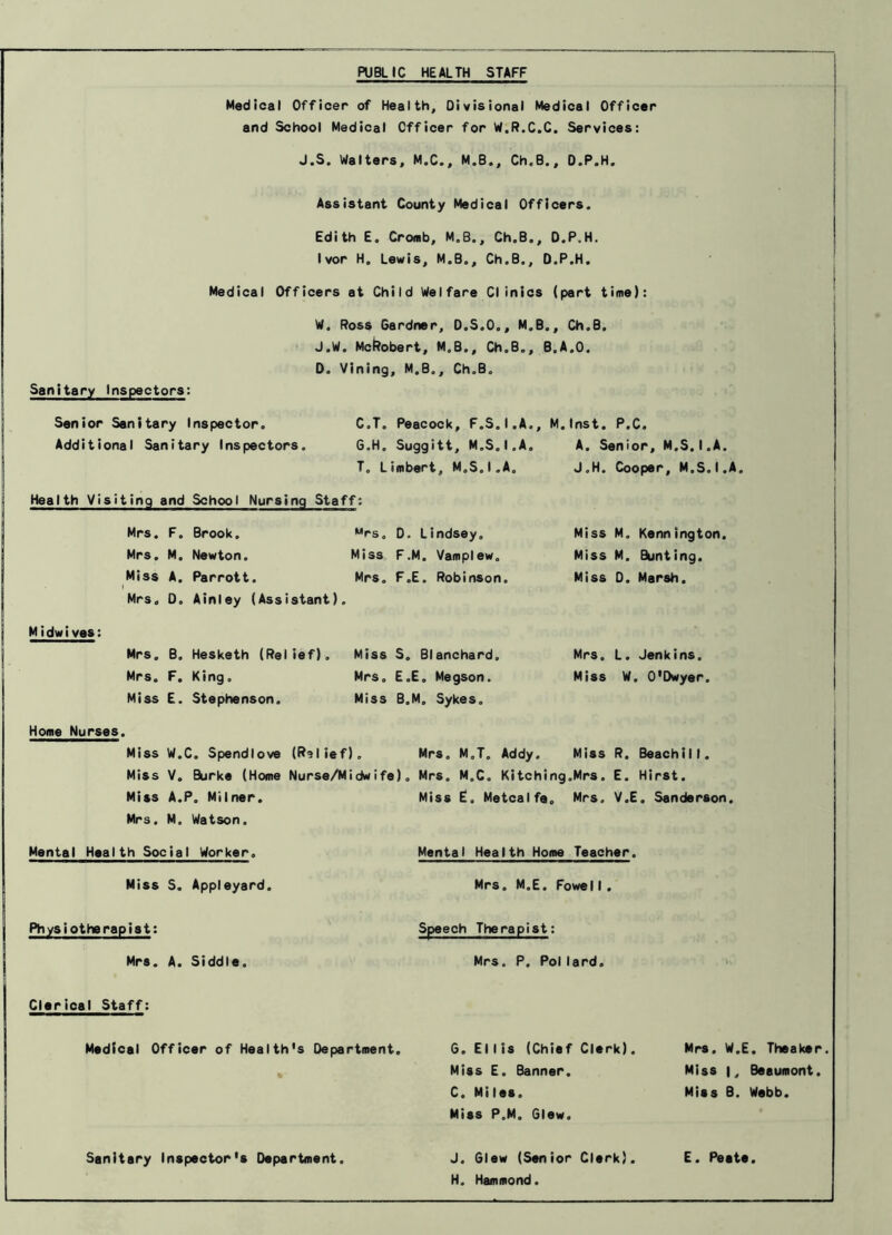 PUBLIC HEALTH STAFF Medical Officer of Health, Divisional Medical Officer and School Medical Officer for W.R.C.C. Services: J.S. Walters, M.C., M.B., Ch.B., D.P.H. Assistant County Medical Officers. Edith E. Cromb, M.B., Ch.B., D.P.H. Ivor H. Lewis, M.B., Ch.B., D.P.H. Medical Officers at Child Welfare Clinics (part time): W. Ross Gardner, D.S.O., M.B., Ch.B. J.W. Mckobert, M.B., Ch.B., B.A.O. D. Vining, M.B., Ch.B. Sanitary Inspectors: Senior Sanitary Inspector. Additional Sanitary Inspectors, C.T. Peacock, F.S.I.A., M.lnst. P.C. G.H. Suggitt, M.S.I.A. A. Senior, M.S.I.A. T. Limbert, M.S.I.A. Health Visiting and School Nursing Staff: Mrs. F. Brook. Mrs. D. Lindsey. Mrs. M. Newton. Miss F.M. Vamplew. Miss A. Parrott. Mrs. F.E. Robinson. Mrs. D. Ainley (Assistant). Midwives: Mrs. B. Hesketh (Relief). Miss S. Blanchard. Mrs. F. King. Mrs. E.E. Megson. Miss E. Stephenson. Miss B.M. Sykes. J.H. Cooper, M.S.I.A. Miss M. Kennington. Miss M. Bunting. Miss D. Marsh. Mrs. L. Jenkins. Miss W. O'Dwyer. Home Nurses. Miss W.C. Spendlove (Relief). Mrs. M.T. Addy. Miss R. Beachill. Miss V. Burke (Home Nurse/Midwife). Mrs. M.C. Kitching.Mrs. E. Hirst. Miss A.P. Milner. Mrs. M. Watson. Mental Health Social Worker. Miss S. Appleyard. Physiotherapist: Mrs. A. Siddle. Clerical Staff: Miss £. Metcalfe. Mrs. V.E. Sanderson. Mental Health Home Teacher. Mrs. M.E. FowelI. Speech Therapist: Mrs. P, Pol lard. Medical Officer of Health's Department. G. Ellis (Chief Clerk). Mrs. W.E. Theaker Miss E. Banner. Miss |, Beaumont. C. Miles. Miss B. Webb. Miss P.M. Glew. Sanitary Inspector's Department. J. Glew (Senior Clerk). E. Peate. H. Hammond.