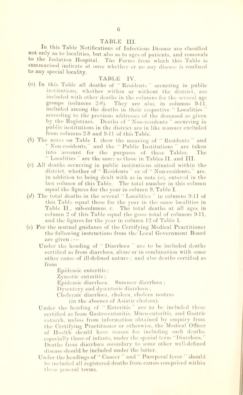 0 TABLE III. In this Table Notifications of Infectious Disease are classified not only as to localities, but also as to ages of patients, and removals to Isolation Hospital. The Forms from which this Table is summarised indicate at once whether or no any disease is confined to any special locality. TABLE IV. (ft) In this Table all deaths of “ Residents  occurring in public institutions, whether within or without the district, are included with other deaths in the columns for the several age groups (columns 2-8). They are also, in columns 9-11, included among the deaths in their respective “ Localities according to the previous addresses of the deceased as given by the Registrars. Deaths of “Non-residents” occurring in public institutions in the district are in like manner excluded from columns 2-8 and 9-11 of this Table. (b) The notes on Table I. show the meaning of “ Residents ” and “ Non-residents,” and the “ Public Institutions ” are taken into account for the purposes of these Tables. The “ Localities are the same as those in Tables II. and III. (c) All deaths occurring in public institutions situated within the district, whether of “ Residents ' or of “ Non-residents, ’ are. in addition to being dealt with as in note (a), entered in the last column of this Table. The total number in this column equal the figures for the year in column 9, Table I. (d) The total deaths in the several “ Localities  in columns 9-11 of this Table equal those for the year in the same localities in Table II.. sub-columns c. The total deaths at all ages in column 2 of this Table equal the gross total of columns 9-11. and the figures for the year in column 12 of Table I. (e) For the mutual guidance of the Certifying Medical Practitioner the following instructions from the Local Government Board are given : — Under the heading of “ Diarrhoea are to be included deaths certified as from diarrhoea, alone or in combination with some other cause of ill-defined nature ; and also deaths certified as from Epidemic enteritis; Zymotic enteritis; Epidemic diarrhoea. Summer diarrhoea ; Dysentery and dysenteric diarrhoea ; Choleraic diarrhoea, cholera, cholera nostras (in the absence of Asiatic cholera). Under the heading of “Enteritis” are to be included those certified as from Gastro-enteritis, Muco-enteritis, and Gastric catarrh, unless from information obtained by enquiry from the Certifying Practitioner or otherwise, the Medical Officer of Health should have reason for including such deaths, especially those of infants, under the special term “Diarrhoea. Deaths from diarrhoea secondary to some other well-defined disease should be included under the latter. Under the headings of “ Cancer ” and “ Puerperal fever ” should be included all registered deaths from causes comprised within t hese general terms.