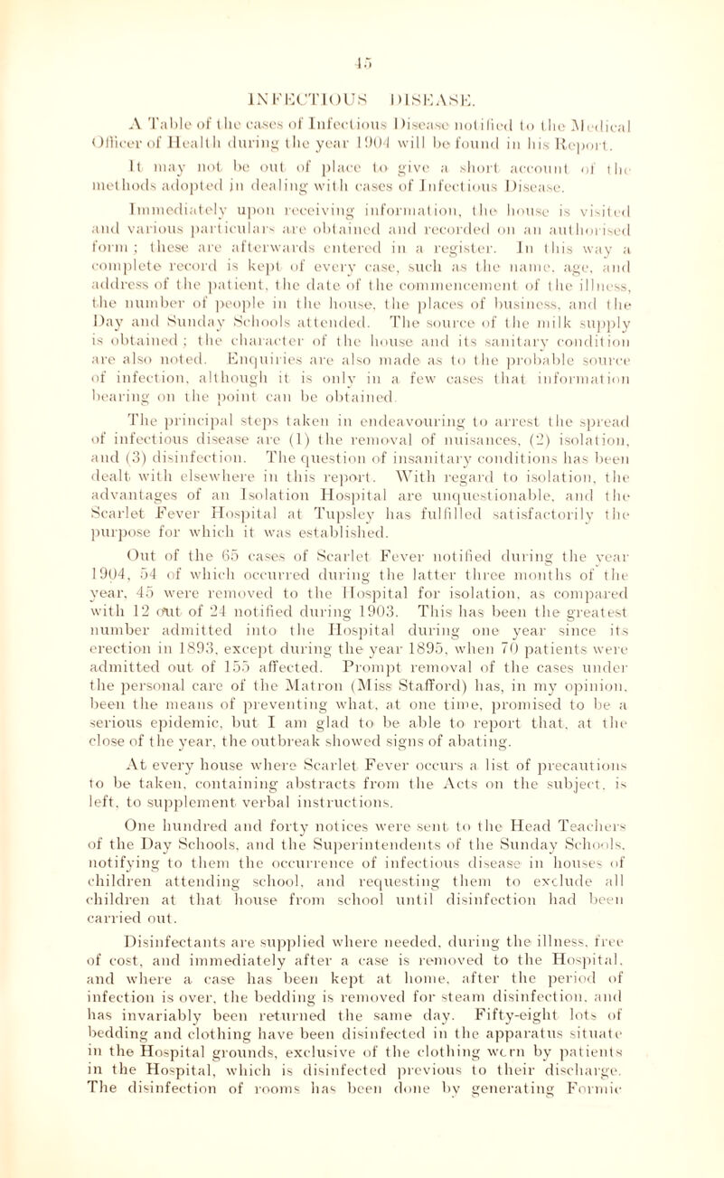 INFECTIOUS DISEASE. A Table of the cases of Infectious Disease noli lied to I lie Medical Officer of Health during the year 1904 will be found in his Report. It may not be out of place to give a short account of the methods adopted in dealing with cases of Infectious Disease. Immediately upon receiving information, the house is visited and various particulars are obtained and recorded on an authorised form; these are afterwards entered in a register. In this way a complete record is kept of every case, such as the name, age, and address of the patient, the date of the commencement of the illness, the number of people in the house, the places of business, and the Day and Sunday Schools attended. The source of the milk supply is obtained ; the character of the house and its sanitary condition are also noted. Enquiries are also made as to the probable source of infection, although it is only in a few cases that information bearing on rhe point can be obtained. The principal steps taken in endeavouring to arrest the spread of infectious disease are (1) the removal of nuisances, (2) isolation, and (3) disinfection. The question of insanitary conditions has been dealt with elsewhere in this report. With regard to isolation, the advantages of an Isolation Hospital are unquestionable, and the Scarlet Fever Hospital at Tupsley has fulfilled satisfactorily the purpose for which it was established. Out of the 65 cases of Scarlet Fever notified during the year 19U4, 54 of which occurred during the latter three months of the year, 45 were removed to the Hospital for isolation, as compared with 12 d*ut of 24 notified during 1903. This1 lias been the greatest number admitted into the Hospital during one year since its erection in 1893, except during the year 1895, when 70 patients were admitted out- of 155 affected. Prompt removal of the cases under the personal care of the Matron (Missi Stafford) lias, in my opinion, been the means of preventing what, at one time, promised to be a serious epidemic, but I am glad to be able to report that, at the close of the year, the outbreak showed signs of abating. At every house where Scarlet Fever occurs a list of precautions to be taken, containing abstracts from the Acts on the subject, is left, to supplement verbal instructions. One hundred and forty notices were sent to the Head Teachers of the Day Schools, and the Superintendents of the Sunday Schools, notifying to them the occurrence of infectious disease in houses of children attending school, and requesting them to exclude all children at that house from school until disinfection had been carried out. Disinfectants are supplied where needed, during the illness, free of cost, and immediately after a case is removed to the Hospital. and where a case has been kept at home, after the period of infection is over, the bedding is removed for steam disinfection, and has invariably been returned the same day. Fifty-eight lots of bedding and clothing have been disinfected in the apparatus situate in the Hospital grounds, exclusive of the clothing worn by patients in the Hospital, which is disinfected previous to their discharge. The disinfection of rooms has been done by generating Formic