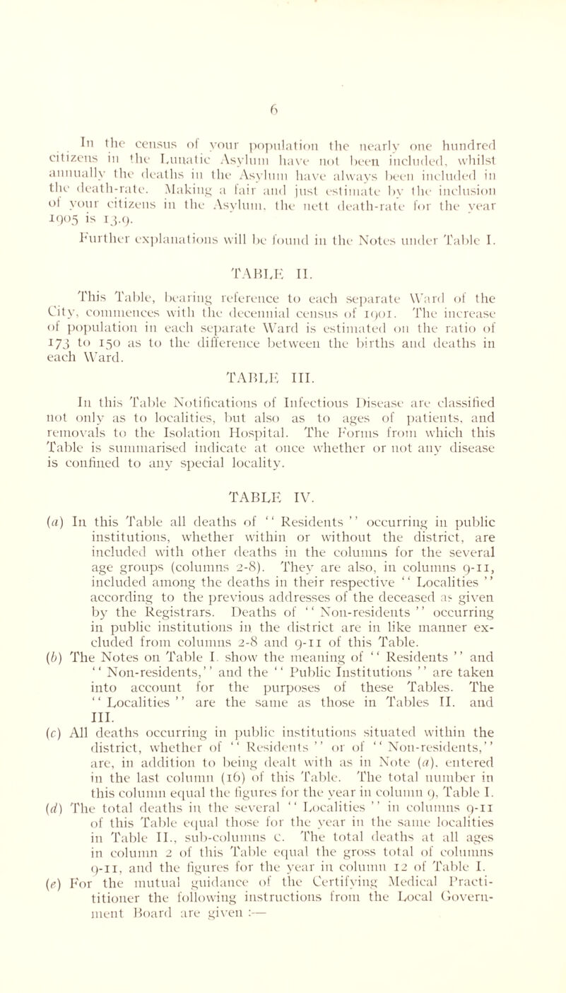 In the census oi your population the nearly one hundred citizens in the Lunatic Asylum have not been included, whilst annually the deaths in the Asylum have always been included in the death-rate. Making a fair and just estimate by the inclusion ot your citizens in the Asylum, the nett death-rate for the vear i()°5 is 13.9. further explanations will be found in the Notes under Table 1. TABLE II. This Table, bearing reference to each separate Ward of the City, commences with the decennial census of 1901. The increase of population in each separate Ward is estimated on the ratio of 173 to 130 as to the difference between the births and deaths in each Ward. TABLE III. In this Table Notifications of Infectious Disease are classified not only as to localities, but also as to ages of patients, and removals to the Isolation Hospital. The Bonus from which this Table is summarised indicate at once whether or not any disease is confined to any special locality. TABLE IV. (a) In this Table all deaths of “ Residents ” occurring in public institutions, whether within or without the district, are included with other deaths in the columns for the several age groups (columns 2-8). They are also, in columns 9-11, included among the deaths in their respective “ Localities ” according to the previous addresses of the deceased as given by the Registrars. Deaths of “Non-residents” occurring in public institutions in the district are in like manner ex- cluded from columns 2-8 and 9-11 of this Table. (b) The Notes on Table I show the meaning of “ Residents ” and “ Non-residents,” and the “ Public Institutions ” are taken into account for the purposes of these Tables. The “Localities” are the same as those in Tables II. and III. (c) All deaths occurring in public institutions situated within the district, whether of “ Residents ” or of “ Non-residents,” are, in addition to being dealt with as in Note (a), entered in the last column (16) of this Table. The total number in this column equal the figures for the year in column 9, Table I. (d) The total deaths in the several “ Localities ” in columns 9-11 of this Table equal those for the year in the same localities in Table II., sub-columns C. The total deaths at all ages in column 2 of this Table equal the gross total of columns q-11, and the figures for the year in column 12 of Table I. {e) For the mutual guidance of the Certifying Medical Practi- titioner the following instructions from the Local Govern- ment Board are given :—