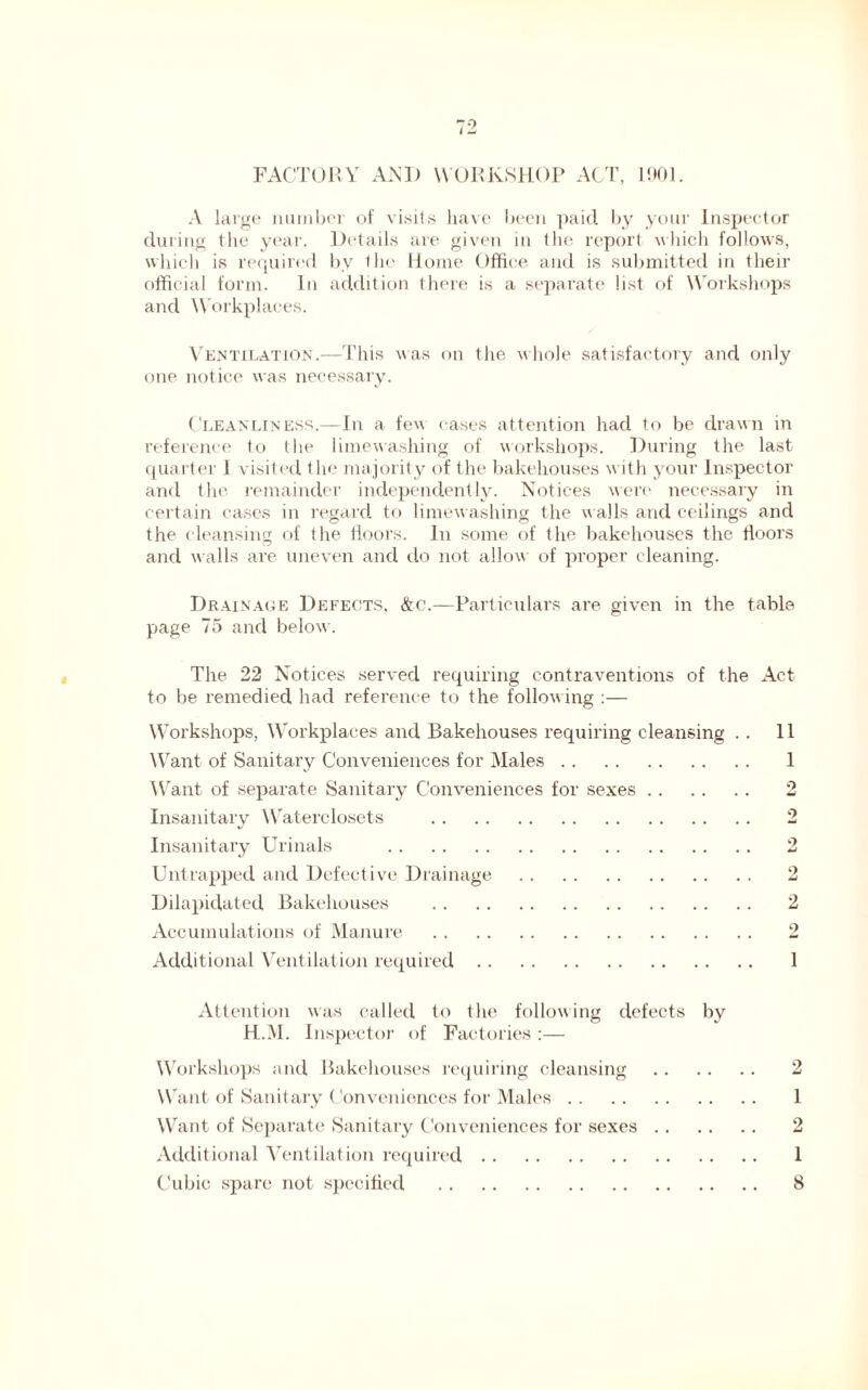 FACTORY AM) WORKSHOP ACT, 1901. A large number of visits have been paid by your Inspector during the year. Details are given in the report which follows, which is required by the Home Office and is submitted in their official form. In addition there is a separate list of Workshops and Workplaces. Ventilation.—This was on the whole satisfactory and only one notice was necessary. Cleanliness.—In a few cases attention had to be drawn in reference to the limewashing of workshops. During the last quarter I visited the majority of the bakehouses with your Inspector and the remainder independently. Notices were necessary in certain cases in regard to limewashing the w alls and ceilings and the cleansing of the floors. In some of the bakehouses the floors and walls are uneven and do not allow of proper cleaning. Drainage Defects, &o.—Particulars are given in the table page 75 and below. The 22 Notices served requiring contraventions of the Act to be remedied had reference to the following :— Workshops, Workplaces and Bakehouses requiring cleansing .. 11 Want of Sanitary Conveniences for Males 1 Want of separate Sanitary Conveniences for sexes Insanitary Waterclosets Insanitary Urinals Untrapped and Defective Drainage Dilapidated Bakehouses 2 Accumulations of Manure 2 Additional Ventilation required 1 Attention was called to the following defects by H.M. Inspector of Factories :— Workshops and Bakehouses requiring cleansing 2 Want of Sanitary Conveniences for Males 1 Want of Separate Sanitary Conveniences for sexes 2 Additional Ventilation required 1