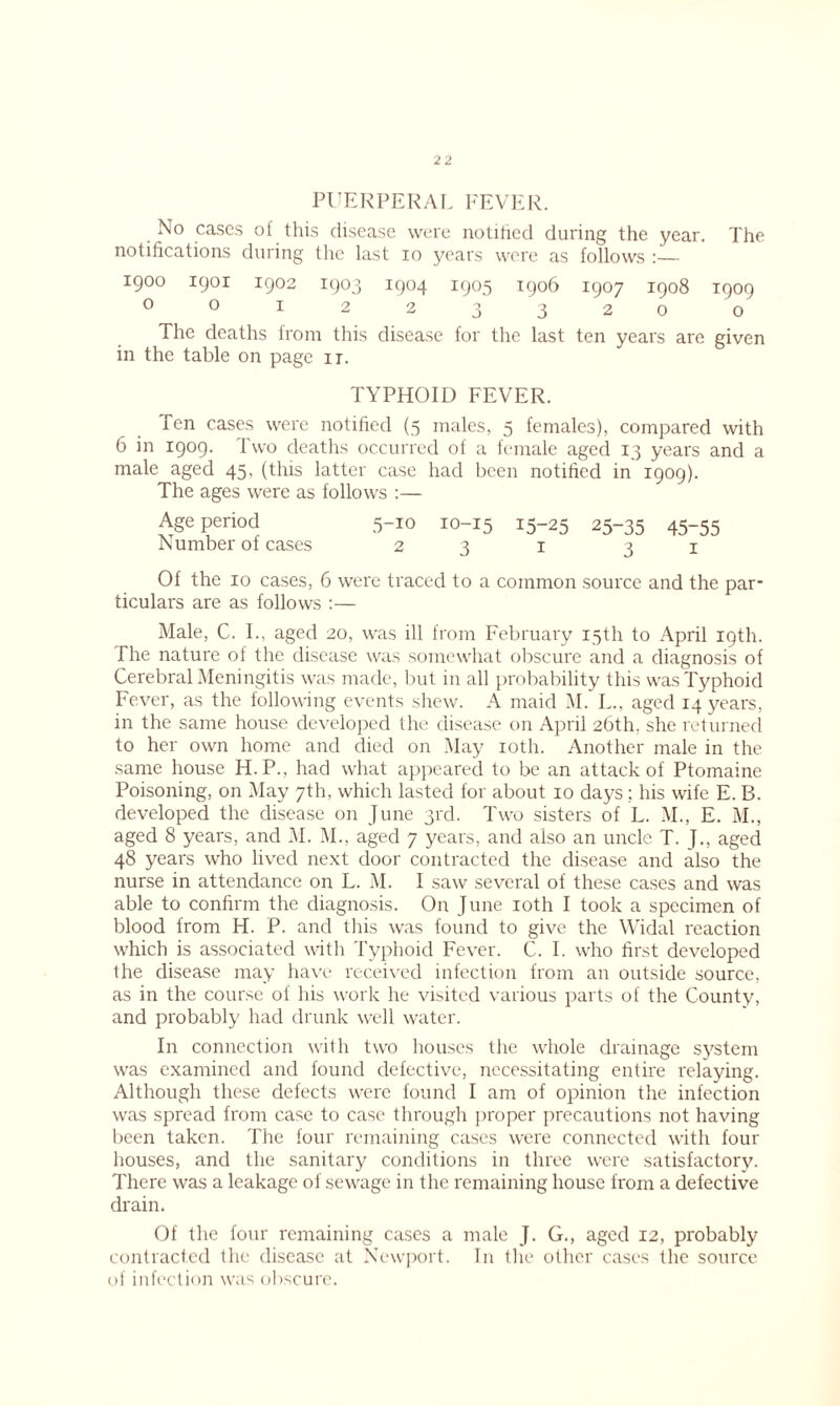 PUERPERAL FEVER. No cases of this disease were notified during the year. The notifications during the last io years were as follows :— 1900 1901 1902 1903 1904 1905 1906 1907 1908 1909 001223320 o The deaths from this disease for the last ten years are given in the table on page ir. TYPHOID FEVER. Ten cases were notified (5 males, 5 females), compared with 6 in 1909. Two deaths occurred of a female aged 13 years and a male aged 45, (this latter case had been notified in 1909). The ages were as follows :— Age period 5-10 10-15 15-25 25-35 45~55 Number of cases 231 31 Of the 10 cases, 6 were traced to a common source and the par- ticulars are as follows :— Male, C. I., aged 20, was ill from February 15th to April 19th. The nature of the disease was somewhat obscure and a diagnosis of Cerebral Meningitis was made, but in all probability this was Typhoid Fever, as the following events shew. A maid M. L., aged 14 years, in the same house developed the disease on April 26th, she returned to her own home and died on May 10th. Another male in the same house H.P., had what appeared to be an attack of Ptomaine Poisoning, on May 7th, which lasted for about 10 days ; his wife E. B. developed the disease on June 3rd. Two sisters of L. M., E. M., aged 8 years, and M. M., aged 7 years, and also an uncle T. J., aged 48 years who lived next door contracted the disease and also the nurse in attendance on L. M. I saw several of these cases and was able to confirm the diagnosis. On June 10th I took a specimen of blood from H. P. and this was found to give the Widal reaction which is associated with Typhoid Fever. C. I. who first developed the disease may have received infection from an outside source, as in the course of his work he visited various parts of the County, and probably had drunk well water. In connection with two houses the whole drainage system was examined and found defective, necessitating entire relaying. Although these defects were found I am of opinion the infection was spread from case to case through proper precautions not having been taken. The four remaining cases were connected with four houses, and the sanitary conditions in three were satisfactory. There was a leakage of sewage in the remaining house from a defective drain. Of the four remaining cases a male J. G., aged 12, probably contracted the disease at Newport. In the other cases the source of infection was obscure.