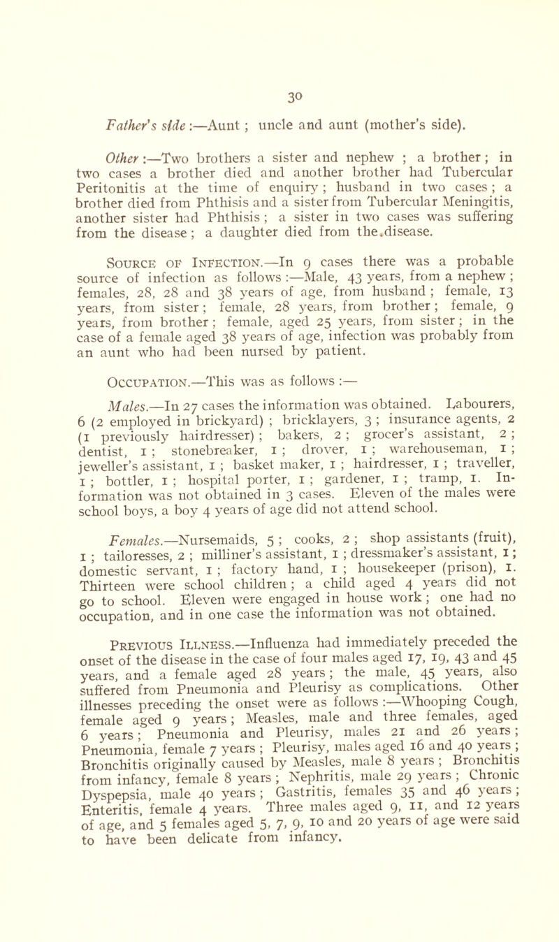 Father's side :—Aunt; uncle and aunt (mother’s side). Other :—Two brothers a sister and nephew ; a brother ; in two cases a brother died and another brother had Tubercular Peritonitis at the time of enquiry; husband in two cases; a brother died from Phthisis and a sister from Tubercular Meningitis, another sister had Phthisis ; a sister in two cases was suffering from the disease; a daughter died from the.disease. Source of Infection.—In 9 cases there was a probable source of infection as follows Male, 43 years, from a nephew ; females, 28, 28 and 38 years of age, from husband ; female, 13 years, from sister; female, 28 years, from brother; female, 9 years, from brother ; female, aged 25 years, from sister; in the case of a female aged 38 years of age, infection was probably from an aunt who had been nursed by patient. Occupation.—This was as follows :— Males.—In 27 cases the information was obtained. Labourers, 6 (2 employed in brickyard) ; bricklayers, 3 ; insurance agents, 2 (1 previously hairdresser) ; bakers, 2 ; grocer’s assistant, 2 ; dentist, 1 ; stonebreaker, 1 ; drover, 1 ; warehouseman, 1 ; jeweller’s assistant, 1 ; basket maker, 1 ; hairdresser, 1 ; traveller, 1 ; bottler, 1 ; hospital porter, 1 ; gardener, 1 ; tramp, 1. In- formation was not obtained in 3 cases. Eleven of the males were school boys, a boy 4 years of age did not attend school. Females.—Nursemaids, 5 ; cooks, 2 ; shop assistants (fruit), I ; tailoresses, 2 ; milliner’s assistant, 1 ; dressmaker’s assistant, 1; domestic servant, 1 ; factory hand, 1 ; housekeeper (prison), 1. Thirteen were school children; a child aged 4 years did not go to school. Eleven were engaged in house work; one had no occupation, and in one case the information was not obtained. Previous Illness.—Influenza had immediately preceded the onset of the disease in the case of four males aged 17, 19, 43 and 45 years, and a female aged 28 years; the male, 45 years, also suffered from Pneumonia and Pleurisy as complications. Other illnesses preceding the onset were as follows :—Whooping Cough, female aged 9 years; Measles, male and three females, aged 6 years; Pneumonia and Pleurisy, males 21 and 26 years; Pneumonia, female 7 years ; Pleurisy, males aged 16 and 40 years ; Bronchitis originally caused by Measles, male 8 years ; Bronchitis from infancy, female 8 years ; Nephritis, male 29 years ; Chronic Dyspepsia, male 40 years; Gastritis, females 35 an(l 4^ >ears, Enteritis, female 4 years. Three males aged 9, 11, and 12 years of age, and 5 females aged 5> 7> 9> 20 years of age verc said to have been delicate from infancy.