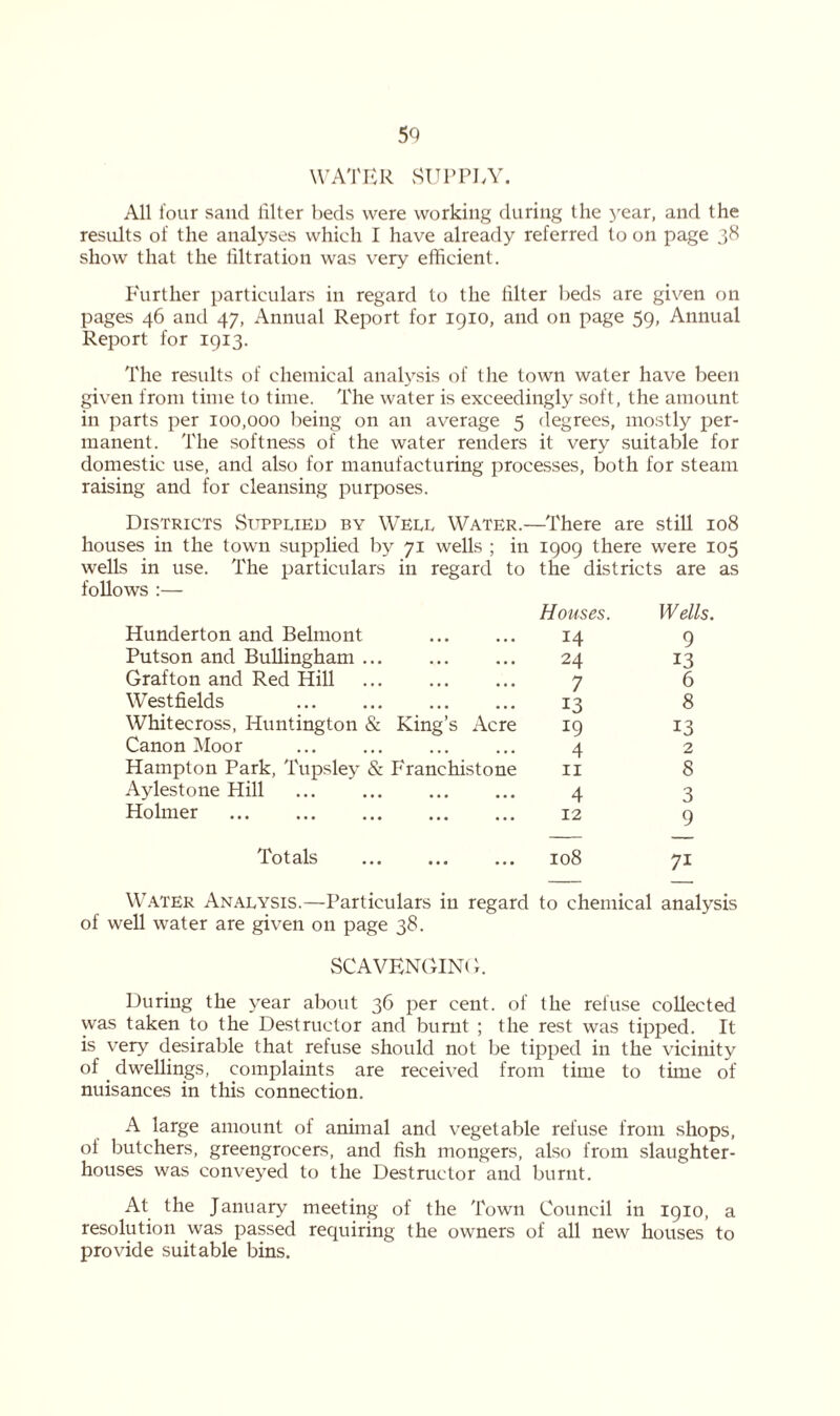 WATER SUPPLY. All four sand filter beds were working during the year, and the results of the analyses which I have already referred to on page 38 show that the filtration was very efficient. Further particulars in regard to the filter beds are given on pages 46 and 47, Annual Report for 1910, and on page 59, Annual Report for 1913. The results of chemical analysis of the town water have been given from time to time. The water is exceedingly soft, the amount in parts per 100,000 being on an average 5 degrees, mostly per- manent. The softness of the water renders it very suitable for domestic use, and also for manufacturing processes, both for steam raising and for cleansing purposes. Districts Supplied by Well Water.—There are still 108 houses in the town supplied by 71 wells ; in 1909 there were 105 wells in use. The particulars in regard to the districts are as follows :— Houses. Wells. Hunderton and Belmont I4 9 Putson and Bullingham 24 13 Grafton and Red Hill 7 6 Westfields 13 8 Whitecross, Huntington & King’s Acre 13 Canon Moor 4 2 Hampton Park, Tupsley & Franchistone 11 8 Aylestone Hill ... ... 4 3 Holmer 12 9 Totals 108 7i Water Analysis.—Particulars in regard to chemical analysis of well water are given on page 38. SCAVENGING 1. During the year about 36 per cent, of the refuse collected was taken to the Destructor and burnt ; the rest was tipped. It is very desirable that refuse should not be tipped in the vicinity of dwellings, complaints are received from time to tune of nuisances in this connection. A large amount of animal and vegetable refuse from shops, of butchers, greengrocers, and fish mongers, also from slaughter- houses was conveyed to the Destructor and burnt. At the January meeting of the Town Council in 1910, a resolution was passed requiring the owners of all new houses to provide suitable bins.