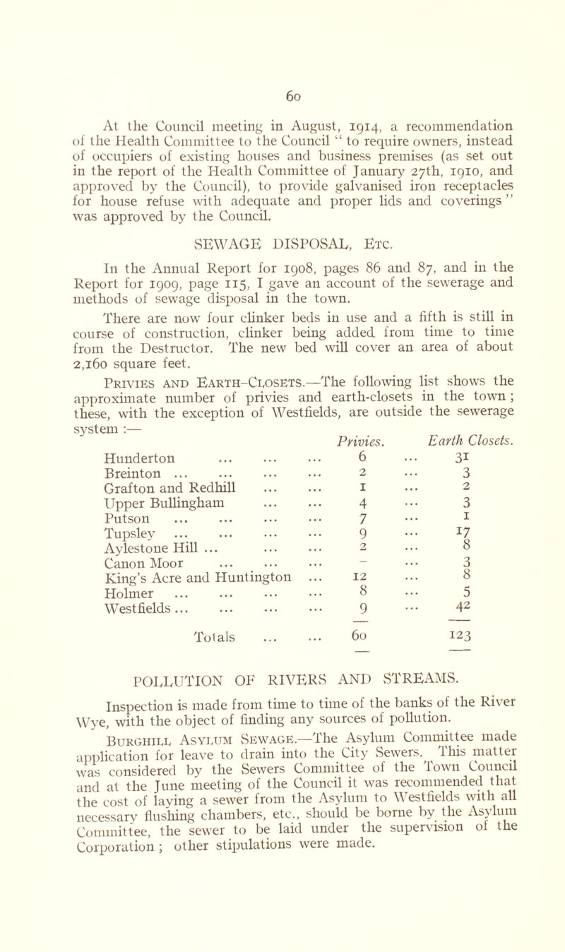 At the Council meeting in August, 1914, a recommendation of the Health Committee to the Council “ to require owners, instead of occupiers of existing houses and business premises (as set out in the report of the Health Committee of January 27th, 1910, and approved by the Council), to provide galvanised iron receptacles for house refuse with adequate and proper lids and coverings ” was approved by the Council. SEWAGE DISPOSAL, Etc. In the Annual Report for 1908, pages 86 and 87, and in the Report for 1909, page 115, I gave an account of the sewerage and methods of sewage disposal in the town. There are now four clinker beds in use and a fifth is still in course of construction, clinker being added from time to time from the Destructor. The new bed will cover an area of about 2,160 square feet. Privies and Earth-Closets.—'The following list shows the approximate number of privies and earth-closets in the town ; these, with the exception of Westfields, are outside the sewerage system .— Hunderton Privies. 6 Earth Closets. 31 Breinton 2 3 Grafton and Redhill 1 2 Upper Bullingham 4 3 Putson 7 1 Tupsley 9 17 Aylestone Hill ... 2 8 Canon Moor ... _ ... ... — 3 King’s Acre and Huntington 12 8 Holmer 8 5 Westfields... 9 42 Totals 60 123 POLLUTION OF RIVERS AND STREAMS. Inspection is made from time to time of the banks of the River Wye, with the object of finding any sources of pollution. Burghill Asylum Sewage.—The Asylum Committee made application for leave to drain into the City Sewers. ^ this matter was considered by the Sewers Committee of the town Council and at the June meeting of the Council it was recommended that the cost of laying a sewer from the Asylum to Westfields with all necessary flushing chambers, etc., should be borne by the Asylum Committee, the sewer to be laid under the supervision of the Corporation ; other stipulations were made.