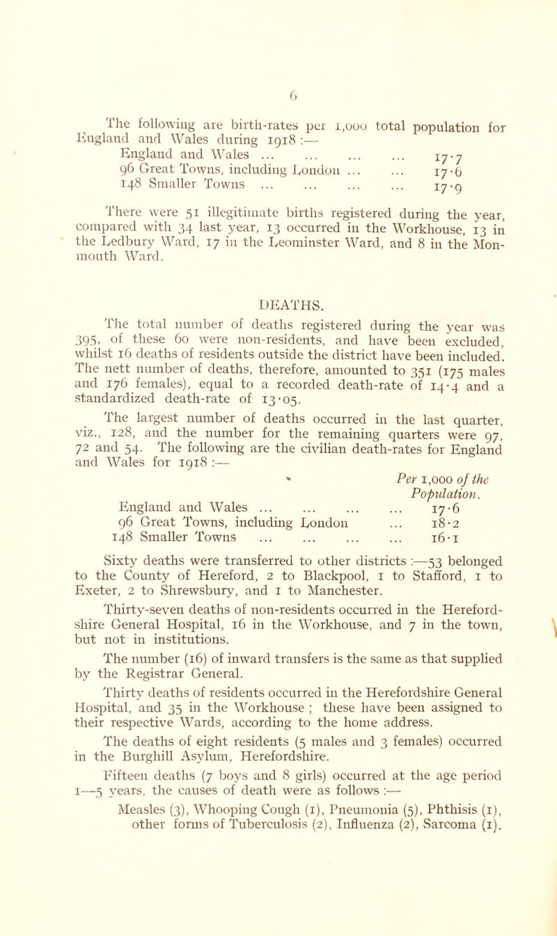 The following are birth-rates per 1,000 total population for England and Wales during 1918 :— England and Wales 17.7 96 Great Towns, including London ... ... 17-0 148 Smaller Towns ... ... ... ... 17‘9 There were 51 illegitimate births registered during the year, compared with 34 last year, 13 occurred in the Workhouse, 13 in the Ledbury Ward, 17 in the Leominster Ward, and 8 in the Mon- mouth Ward. DEATHS. The total number of deaths registered during the year was 395, of these 60 were non-residents, and have been excluded, whilst 16 deaths of residents outside the district have been included. The nett number of deaths, therefore, amounted to 351 (175 males and 176 females), equal to a recorded death-rate of 14-4 and a standardized death-rate of 13-05. The largest number of deaths occurred in the last quarter, viz., 128, and the number for the remaining quarters were 97, 72 and 54. The following are the civilian death-rates for England and Wales for 1918 :— ' Per 1,000 of the Population. England and Wales 17-6 96 Great Towns, including London ... 18-2 148 Smaller Towns ... ... ... ... 16-i Sixty deaths were transferred to other districts :—53 belonged to the County of Hereford, 2 to Blackpool, 1 to Stafford, 1 to Exeter, 2 to .Shrewsbury, and 1 to Manchester. Thirty-seven deaths of non-residents occurred in the Hereford- shire General Hospital, 16 in the Workhouse, and 7 in the town, but not in institutions. The number (16) of inward transfers is the same as that supplied by the Registrar General. Thirty deaths of residents occurred in the Herefordshire General Hospital, and 35 in the Workhouse ; these have been assigned to their respective Wards, according to the home address. The deaths of eight residents (5 males and 3 females) occurred in the Burghill Asylum, Herefordshire. Fifteen deaths (7 boys and 8 girls) occurred at the age period 1—5 years, the causes of death were as follows :— Measles (3), Whooping Cough (1), Pneumonia (5), Phthisis (1),