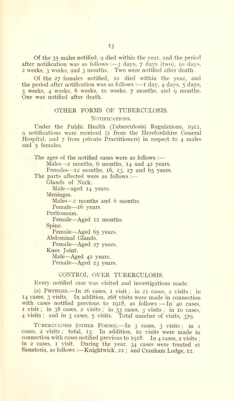Of the 35 males notified, 9 died within the year, and the period after notification was as follows :—3 days, 7 days (two), 10 days, 2 weeks, 3 weeks, and 3 months. Two were notified after death. Of the 27 females notified, 10 died within the year, and the period after notification was as follows :—1 day, 4 days, 5 days, 3 weeks, 4 weeks, 6 weeks, 10 weeks, 7 months, and 9 months. One was notified after death. OTHER FORMS OF TUBERCULOSIS. Notifications. Under the Public Health (Tuberculosis) Regulations, 1912, 9 notifications were received (2 from the Herefordshire General Hospital, and 7 from private Practitioners) in respect to 4 males and 5 females. The ages of the notified cases were as follows :— Males—2 months, 6 months, 14 and 42 years. Females—T2 months, 16, 23, 27 and 65 years. The parts affected were as follows :— Glands of Neck. Male—aged 14 years. Meninges. Males—2 months and 6 months. Female—16 years. Peritoneum. Female—Aged 12 months. Spine. Female—Aged 65 years. Abdominal Glands. Female—Aged 27 years. Knee Joint. Male—Aged 42 years. Female—Aged 23 years. CONTROL OVER TUBERCULOSIS. Every notified case was visited and investigations made. (a) Phthisis.—In 26 cases, 1 visit; in 21 cases, 2 visits ; in 14 cases, 3 visits. In addition, 268 visits were made in connection with cases notified previous to 1918, as follows In 40 cases, 1 visit ; in 38 cases, 2 visits ; in 33 cases, 3 visits ; in 10 cases, 4 visits ; and in 3 cases, 5 visits. Total number of visits, 379. Tuberculosis (other Forms).—In 3 cases, 3 visits ; in 2 cases, 2 visits ; total, 13. In addition, 10 visits were made in connection with cases notified previous to 1918. In 4 cases, 2 visits ; in 2 cases, 1 visit. During the year, 34 cases were treated at Sanatoria, as follows Knightwick, 22 ; and Cranham Lodge, 12.