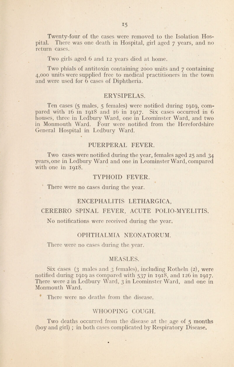 Twenty-four of the cases were removed to the Isolation Hos- pital, There was one death in Hospital, girl aged 7 years, and no return cases. Two girls aged 6 and 12 years died at home. Two phials of antitoxin containing 2000 units and 7 containing 4,000 units were supplied free to medical practitioners in the town and were used for 6 cases of Diphtheria. ERYSIPELAS. • Ten cases (5 males, 5 females) were notified during 1919, com- pared with 16 in 1918 and 16 in 1917. Six cases occurred in 6 houses, three in Ledbury Ward, one in Leominster Ward, and two in Monmouth Ward. Four were notified from the Herefordshire General Hospital in Ledbury Ward. * PUERPERAL FEVER. Two cases were notified during the year, females aged 25 and 34 years, one in Ledbury Ward and one in Leominster Ward, compared with one in 1918. TYPHOID FEVER. There were no cases during the year. ENCEPHALITIS LETHARGICA, CEREBRO SPINAL FEVER, ACUTE POLIO-MYELITIS. No notifications were received during the year. OPHTHALMIA NEONATORUM. There were no cases during the year. MEASLES. Six cases (3 males and 3 females), including Rotheln (2), were notified during 1919 as compared with 537 in 1918, and 126 in 1917. There were 2 in Ledbury Ward, 3 in Leominster Ward, and one in Monmouth Ward. There were no deaths from the disease. WHOOPING COUGH. Two deaths occurred from the disease at the age of 5 months (boy and girl) ; in both cases complicated by Respiratory Disease.