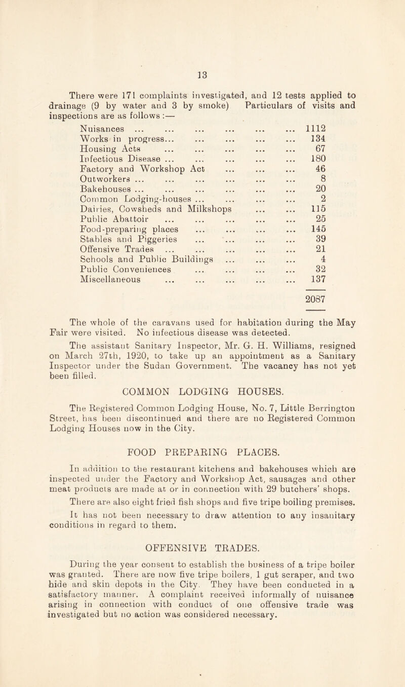 drainage (9 by water and 3 by smoke) Particulars of visits and inspections are as follows :— Nuisances 1112 Works in progress... 134 Housing Acts 67 Infectious Disease ... 180 Factory and Workshop Act 46 Outworkers ... 8 Bakehouses ... 20 Common Lodging-houses ... 2 Dailies, Cowsheds and Milkshops 115 Public Abattoir 25 Food-preparing places t * • 145 Stables and Piggeries 39 Offensive Trades 21 Schools and Public Buildings 4 Public Conveniences 32 Miscellaneous 137 2087 The whole of the caravans used for habitation during the May Fair were visited. No infectious disease was detected. The assistant Sanitary Inspector, Mr. G. H. Williams, resigned on March 27th, 1920, to take up an appointment as a Sanitary Inspector under the Sudan Government. The vacancy has not yet been filled. COMMON LODGING HOUSES. The Registered Common Lodging House, No. 7, Little Berrington Street, has been discontinued and there are no Registered Common Lodging Houses now in the City. FOOD PREPARING PLACES. In addition to the restaurant kitchens and bakehouses which are inspected under the Factory and Workshop Act, sausages and other meat products are made at or in connection with 29 butchers’ shops. There are also eight fried fish shops and five tripe boiling premises. It has not been necessary to draw attention to any insanitary conditions in regard to them. OFFENSIVE TRADES. During the year consent to establish the business of a tripe boiler was granted. There are now five tripe boilers, 1 gut scraper, and two hide and skin depots in the City. They have been conducted in a satisfactory manner. A complaint received informally of nuisance arising in connection with conduct of one offensive trade was investigated but no action was considered necessary.