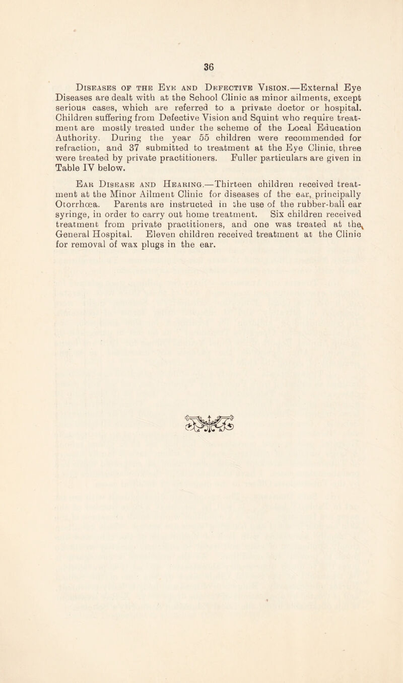 Diseases of the Eye and Defective Vision.—External Eye Diseases are dealt with at the School Clinic as minor ailments, except serious cases, which are referred to a private doctor or hospital. Children suffering from Defective Vision and Squint who require treat- ment are mostly treated under the scheme of the Local Education Authority. During the year 55 children were recommended for refraction, and 37 submitted to treatment at the Eye Clinic, three were treated by private practitioners. Fuller particulars are given in Table IV below. Ear Disease and Hearing.—Thirteen children received treat- ment at the Minor Ailment Clinic for diseases of the ear, principally Otorrhoea. Parents are instructed in the use of the rubber-ball ear syringe, in order to carry out home treatment. Six children received treatment from private practitioners, and one was treated at the% General Hospital. Eleven children received treatment at the Clinic for removal of wax plugs in the ear.