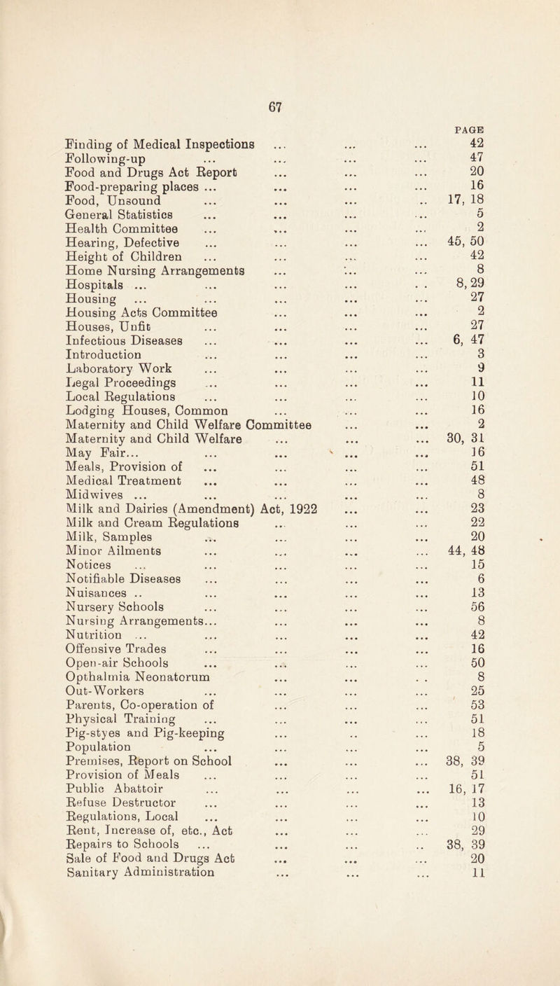 PAGE Finding of Medical Inspections ... ... ... 42 Following-up ... ... ... ... 47 Food and Drugs Act Report ... ... ... 20 Food-preparing places ... ... ... ... 16 Food, Unsound ... ... ... .. 17, 18 General Statistics ... ... ... ... 5 Health Committee ... ... ... 2 Hearing, Defective ... ... ... ... 45, 50 Height of Children ... ... ... ... 42 Home Nursing Arrangements ... ... ... 8 Hospitals ... ... ... ... . • 8,29 Housing ... ... ... ... ... 27 Housing Acts Committee ... ... ... 2 Houses, Unfit ... ... ... ... 27 Infectious Diseases ... ... ... ... 6, 47 Introduction ... ... ... ... 3 Laboratory Work ... ... ... ... 9 Legal Proceedings ... ... ... ... 11 Local Regulations ... ... ... ... 10 Lodging Houses, Common ... ... ... 16 Maternity and Child Welfare Committee ... ... 2 Maternity and Child Welfare ... ... ... 30, 31 May Fair... ... ... ' ... ... 16 Meals, Provision of ... ... ... ... 51 Medical Treatment ... ... ... ... 48 Midwives ... ... ... ... ... 8 Milk and Dairies (Amendment) Act, 1922 ... ... 23 Milk and Cream Regulations ... ... ... 22 Milk, Samples ... ... ... 20 Minor Ailments ... ... ... ... 44, 48 Notices ... ... ... ... ... 15 Notifiable Diseases ... ... ... ... 6 Nuisances .. ... ... ... ... 13 Nursery Schools ... ... ... ... 56 Nursing Arrangements... ... ... ... 8 Nutrition ... ... ... ... ... 42 Offensive Trades ... ... ... ... 16 Open-air Schools ... ... ... ... 50 Opthalmia Neonatorum ... ... . . 8 Out-Workers ... ... ... ... 25 Parents, Co-operation of ... ... ... 53 Physical Training ... ... ... ... 51 Pig-styes and Pig-keeping ... .. ... 18 Population ... ... ... ... 5 Premises, Report on School ... ... ... 38, 39 Provision of Meals ... ... ... ... 51 Public Abattoir ... ... ... ... 16, 17 Refuse Destructor ... ... ... ... 13 Regulations, Local ... ... ... ... 10 Rent, Increase of, etc., Act ... ... ... 29 Repairs to Schools ... ... ... .. 38, 39 Sale of Food and Drugs Act ... ... ... 20 Sanitary Administration ... ... ... 11