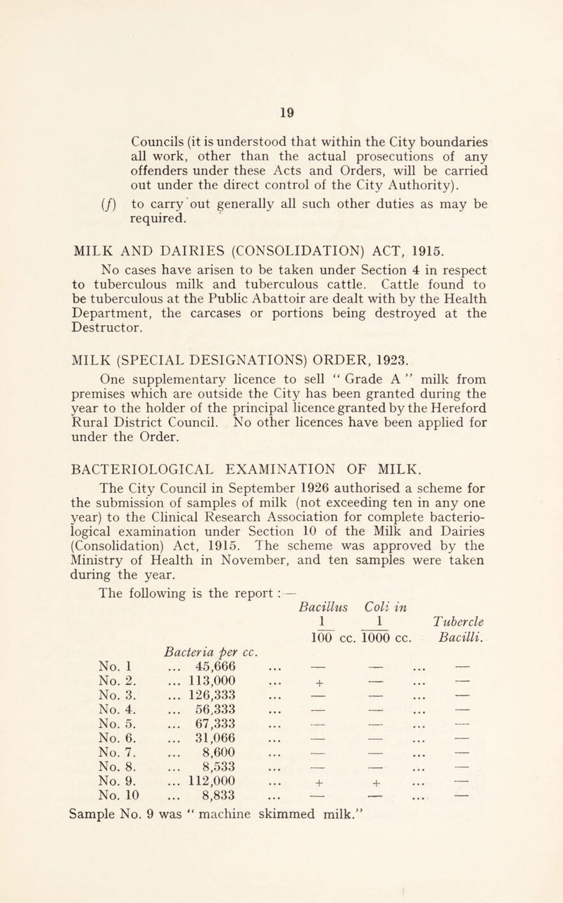 Councils (it is understood that within the City boundaries all work, other than the actual prosecutions of any offenders under these Acts and Orders, will be carried out under the direct control of the City Authority). (/) to carry out generally all such other duties as may be required. MILK AND DAIRIES (CONSOLIDATION) ACT, 1915. No cases have arisen to be taken under Section 4 in respect to tuberculous milk and tuberculous cattle. Cattle found to be tuberculous at the Public Abattoir are dealt with by the Health Department, the carcases or portions being destroyed at the Destructor. MILK (SPECIAL DESIGNATIONS) ORDER, 1923. One supplementary licence to sell  Grade A ” milk from premises which are outside the City has been granted during the year to the holder of the principal licence granted by the Hereford Rural District Council. No other licences have been applied for under the Order. BACTERIOLOGICAL EXAMINATION OF MILK. The City Council in September 1926 authorised a scheme for the submission of samples of milk (not exceeding ten in any one year) to the Clinical Research Association for complete bacterio- logical examination under Section 10 of the Milk and Dairies (Consolidation) Act, 1915. The scheme was approved by the Ministry of Health in November, and ten samples were taken during the year. The following is the report No. 1 Bacteria per cc. 45,666 Bacillus 1 100 cc. Coli in 1 1000 cc. Tubercle Bacilli. No. 2. ... 113,000 + — —• No. 3. ... 126,333 — •— — No. 4. ... 56,333 — — — No. 5. ... 67,333 — — — No. 6. ... 31,066 — — — No. 7. 8,600 — — — No. 8. 8,533 — — ... — No. 9. ... 112,000 + + • • • — No. 10 ... 8,833 — -— Sample No. 9 was “ machine skimmed milk.”