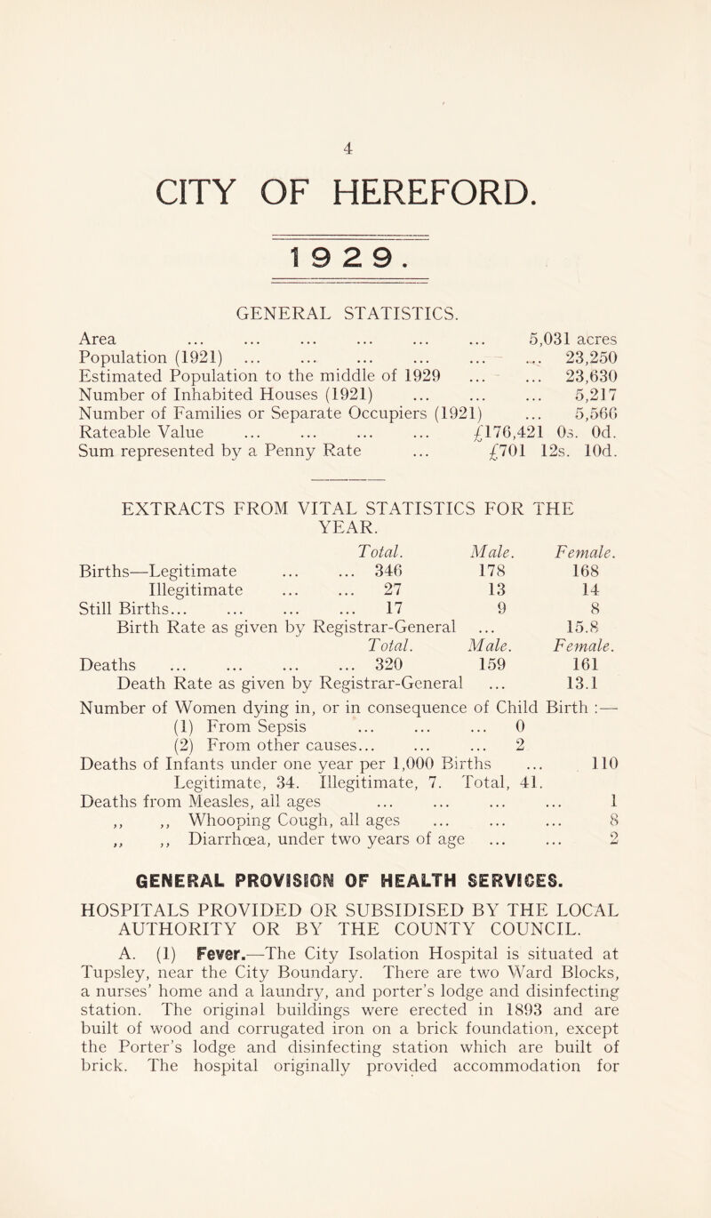 CITY OF HEREFORD. 19 2 9. GENERAL STATISTICS. Area ... ... ... ... ... ... 5,031 acres Population (1921) ... ... ... ... ... 23,250 Estimated Population to the middle of 1929 ... ... 23,630 Number of Inhabited Houses (1921) ... ... ... 5,217 Number of Families or Separate Occupiers (1921) ... 5,566 Rateable Value ... ... ... ... £176,421 Os. Od. Sum represented by a Penny Rate ... £701 12s. lOd. EXTRACTS FROM VITAL STATISTICS FOR THE YEAR. Total. Male. Female. Births—Legitimate 346 178 168 Illegitimate 27 13 14 Still Births... 17 9 8 Birth Rate as given by Registrar-General • • • 15.8 Total. Male. Female. Deaths 320 159 161 Death Rate as given by Registrar-General . . • 13.1 Number of Women dying in, or in consequence of Child Birth : — (1) From Sepsis ... ... ... 0 (2) From other causes... ... ... 2 Deaths of Infants under one year per 1,000 Births ... 110 Legitimate, 34. Illegitimate, 7. Total, 41. Deaths from Measles, all ages ... ... ... ... 1 ,, ,, Whooping Cough, all ages ... ... ... 8 ,, ,, Diarrhoea, under two years of age ... ... 2 GENERAL PROVISION OF HEALTH SERVICES. HOSPITALS PROVIDED OR SUBSIDISED BY THE LOCAL AUTHORITY OR BY THE COUNTY COUNCIL. A. (1) Fever.—The City Isolation Hospital is situated at Tupsley, near the City Boundary. There are two Ward Blocks, a nurses’ home and a laundry, and porter’s lodge and disinfecting station. The original buildings were erected in 1893 and are built of wood and corrugated iron on a brick foundation, except the Porter’s lodge and disinfecting station which are built of brick. The hospital originally provided accommodation for