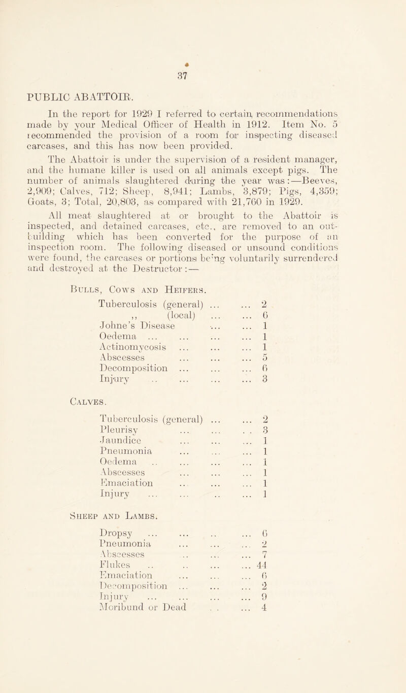 PUBLIC ABATTOIR. In the report for 1929 I referred to certain, recommendations made by your Medical Officer of Health in 1912. Item No. 5 recommended the provision of a room for inspecting diseased carcases, and this has now been provided. The Abattoir is under the supervision of resident manager, igs. The and the humane killer is used on all animals except p _ number of animals slaughtered during the year was:—Beeves, 2,909; Calves, 712; Sheep, 8,941; Lambs, 3,879; Pigs, 4,359; Goats, 3; Total, 20,803, as compared with 21,760 in 1929. All meat slaughtered at or brought to the Abattoir is inspected, and detained carcases, etc., are removed to an out- building which has been converted for the purpose of an inspection room. The following diseased or unsound conditions were found, the carcases or portions! be'ng voluntarily surrendered and destroyed at the Destructor: — Bulls, Cows and Hetfers. Tuberculosis (general) ... ,, (local) Johne’s Disease Oedema Actinomycosis Abscesses Decomposition Injury 2 6 1 1 1 5 fi Calves. Tuberculosis (general) Pleurisy Jaundice Pneumonia Oedema Abscesses Emaciation Injury 2 o 0 1 1 1 1 l 1 Sheep and Lambs. Dropsy ... 6 Pneumonia 2 Abscesses ... 7 Flukes ... 44 Emaciation ... 6 Dec om p os i t i on ... 2 Injury ... 9 Moribund or Dead ... 4