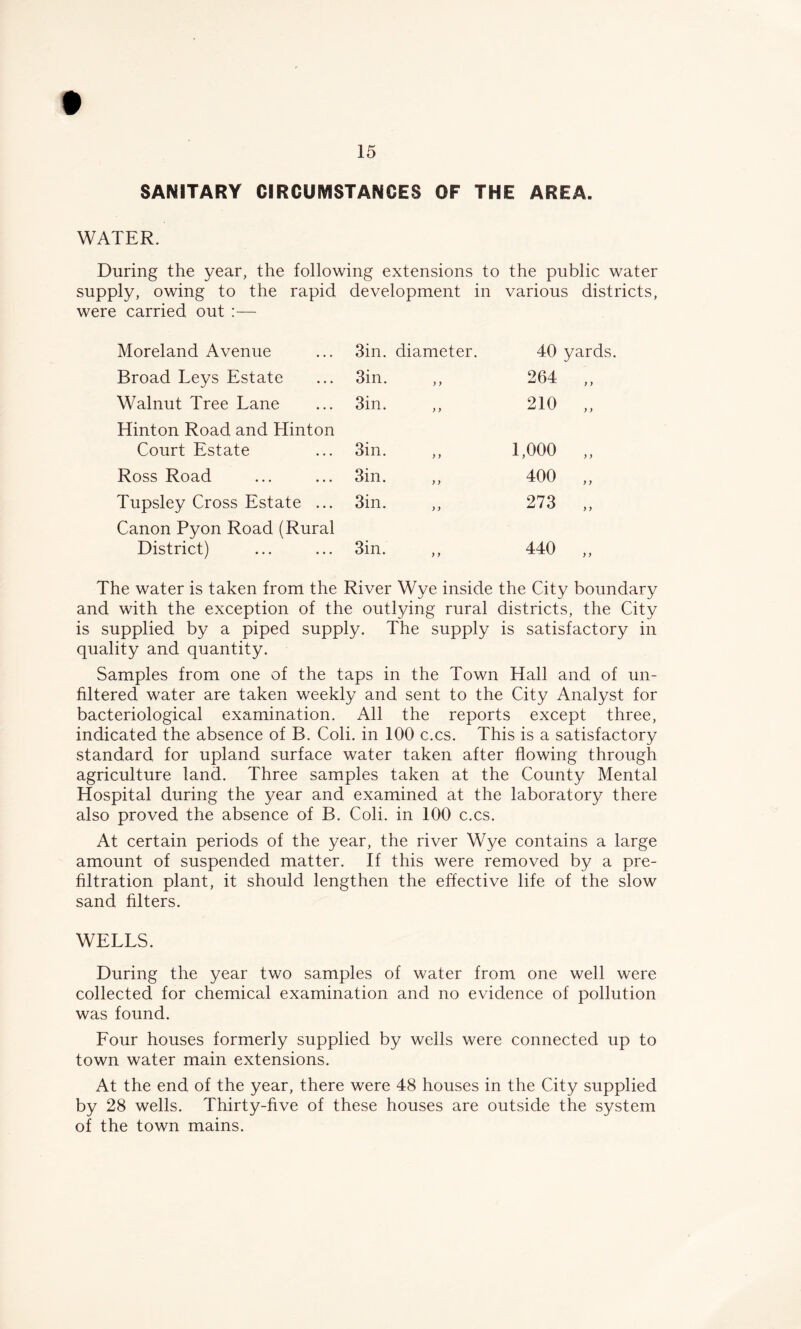 SANITARY CIRCUMSTANCES OF THE AREA. WATER. During the year, the following extensions to the public water supply, owing to the rapid development in various districts, were carried out :— Moreland Avenue 3in. diameter. 40 yards Broad Leys Estate 3in. y > 264 „ Walnut Tree Lane 3in. ) y 210 „ Hinton Road and Hinton Court Estate 3in. y y 1,000 „ Ross Road 3in. y y 400 „ Tupsley Cross Estate ... 3in. y y 273 „ Canon Pyon Road (Rural District) 3in. y y 440 „ The water is taken from the River Wye inside the City boundary and with the exception of the outlying rural districts, the City is supplied by a piped supply. The supply is satisfactory in quality and quantity. Samples from one of the taps in the Town Hall and of un- filtered water are taken weekly and sent to the City Analyst for bacteriological examination. All the reports except three, indicated the absence of B. Coli. in 100 c.cs. This is a satisfactory standard for upland surface water taken after flowing through agriculture land. Three samples taken at the County Mental Hospital during the year and examined at the laboratory there also proved the absence of B. Coli. in 100 c.cs. At certain periods of the year, the river Wye contains a large amount of suspended matter. If this were removed by a pre- filtration plant, it should lengthen the effective life of the slow sand filters. WELLS. During the year two samples of water from one well were collected for chemical examination and no evidence of pollution was found. Four houses formerly supplied by wells were connected up to town water main extensions. At the end of the year, there were 48 houses in the City supplied by 28 wells. Thirty-five of these houses are outside the system of the town mains.