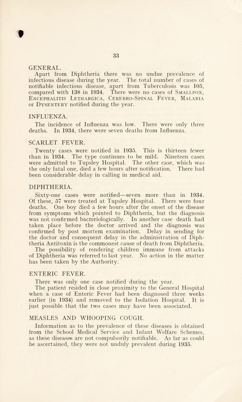 33 GENERAL. Apart from Diphtheria there was no undue prevalence of infectious disease during the year. The total number of cases of notifiable infectious disease, apart from Tuberculosis was 105, compared with 138 in 1934. There were no cases of Smallpox, Encephalitis Lethargica, Cerebro-Spinal Fever, Malaria or Dysentery notified during the year. INFLUENZA. The incidence of Influenza was low. There were only three deaths. In 1934, there were seven deaths from Influenza. SCARLET FEVER. Twenty cases were notified in 1935. This is thirteen fewer than in 1934. The type continues to be mild. Nineteen cases were admitted to Tupsley Hospital. The other case, which was the only fatal one, died a few hours after notification. There had been considerable delay in calling in medical aid. DIPHTHERIA. Sixty-one cases were notified—seven more than in 1934. Of these, 57 were treated at Tupsley Hospital. There were four deaths. One boy died a few hours after the onset of the disease from symptoms which pointed to Diphtheria, but the diagnosis was not confirmed bacteriologically. In another case death had taken place before the doctor arrived and the diagnosis was confirmed by post mortem examination. Delay in sending for the doctor and consequent delay in the administration of Diph- theria Antitoxin is the commonest cause of death from Diphtheria. The possibility of rendering children immune from attacks of Diphtheria was referred to last year. No action in the matter has been taken by the Authority. ENTERIC FEVER. There was only one case notified during the year. The patient resided in close proximity to the General Hospital when a case of Enteric Fever had been diagnosed three weeks earlier (in 1934) and removed to the Isolation Hospital. It is just possible that the two cases may have been associated. MEASLES AND WHOOPING COUGH. Information as to the prevalence of these diseases is obtained from the School Medical Service and Infant Welfare Schemes, as these diseases are not compulsorily notifiable. As far as could be ascertained, they were not unduly prevalent during 1935.