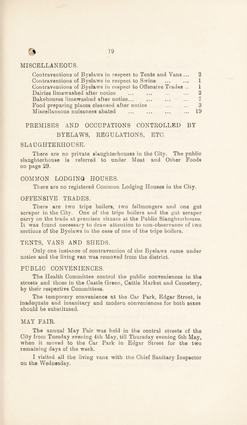 MISCELLANEOUS. Contraventions of Byelaws in respect to Tents and Vans ... 2 Contraventions of Byelaws in respect to Swine ... ... 1 Contraventions of Byelaws in respect to Offensive Trades .. 1 Dairies limewashed after notice ... ... ... ... 2 Bakehouses limewashed after notice... ... ... ... 7 Food preparing places cleansed after notice ... ... 3 Miscellaneous nuisances abated ... ... ... ... 19 PREMISES AND OCCUPATIONS CONTROLLED BY BYELAWS, REGULATIONS, ETC. SLAUGHTERHOUSE. There are no private slaughterhouses in the City. The public slaughterhouse is referred to under Meat and Other Foods on page 29. COMMON LODGING HOUSES. There are no registered Common Lodging Houses in the City. OFFENSIVE TRADES. There are two tripe boilers, two fellmongers and one gut scraper in the City. One of the tripe boilers and the gut scraper carry on the trade at premises situate at the Public Slaughterhouse. It was found necessary to draw attention to non-observance of two sections of the Byelaws in the case of one of the tripe boilers. TENTS, VANS AND SHEDS. Only one instance of contravention of the Byelaws came under notice and the living van was removed from the district. PUBLIC CONVENIENCES. The Health Committee control the public conveniences in the streets and those in the Castle Green, Cattle Market and Cemetery, by their respective Committees. The temporary convenience at the Car Park, Edgar Street, is inadequate and insanitary and modern conveniences for both sexes should be substituted. MAY FAIR. The annual May Fair was held in the central streets of the City from Tuesday evening 4th May, till Thursday evening 6th May, when it moved to the Car Park in Edgar Street for the two remaining days of the week. I visited all the living vans with the Chief Sanitary Inspector on the Wednesday.