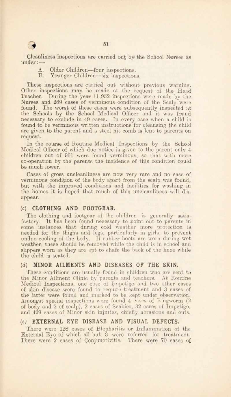 4 Cleanliness inspections are carried out by the School Nurses as under: — A. Older Children—four inspections. B. Younger Children—six inspections. These inspections are carried out without previous warning. Other inspections may be made at the request of the Head Teacher. During the year 11,952 inspections were made by the Nurses and 289 cases of verminous condition of the Scalp were found. The worst of these cases were subsequently inspected at the Schools by the School Medical Officer and it was found necessary to exclude in 49 cases. In every case when a child is found to be verminous written instructions for cleansing the child are given to the parent and a steel nit comb is lent to parents on request. In the course of Boutine Medical Inspections by the School Medical Officer of which due notice is given to the parent only 4 children out of 961 were found verminous; so that with more co-operation by the parents the incidence of this condition could be much lower. Cases of gross uncleanliness are now very rare and no case of verminous condition of the body apart from the scalp was found, but with the improved conditions and facilities for washing in the homes it is hoped that much of this uncleanliness will dis- appear. (c) CLOTHING AND FOOTGEAR. The clothing and footgear of the children is generally satis- factory. It has been found necessary to point out to parents in some instances that during cold weather more protection is needed for the thighs and legs, particularly in girls, to prevent undue cooling of the body. If rubber boots are worn during wet weather, these should be removed while the child is in school and slippers worn as they are apt to chafe the back of the knee while the child is seated. (d) MINOR AILMENTS AND DISEASES OF THE SKIN. These conditions are usually found in children who are sent to the Minor Ailment Clinic by parents and teachers. At Boutine Medical Inspections, one case of Impetigo and two other cases of skin disease were found to require treatment and 3 cases of the latter were found and marked to be kept under observation. Amongst special inspections were found 4 cases of Bingworm (2 of body and 2 of scalp), 2 cases of Scabies, 32 cases of impetigo, and 429 cases of Minor skin injuries, chiefly abrasions and cuts. (e) EXTERNAL EYE DISEASE AND VISUAL DEFECTS. There were 128 cases of Blepharitis or Inflammation of the External Eye of which all but 3 were referred for treatment. There were 2 cases of Conjunctivitis. There were 70' cases of
