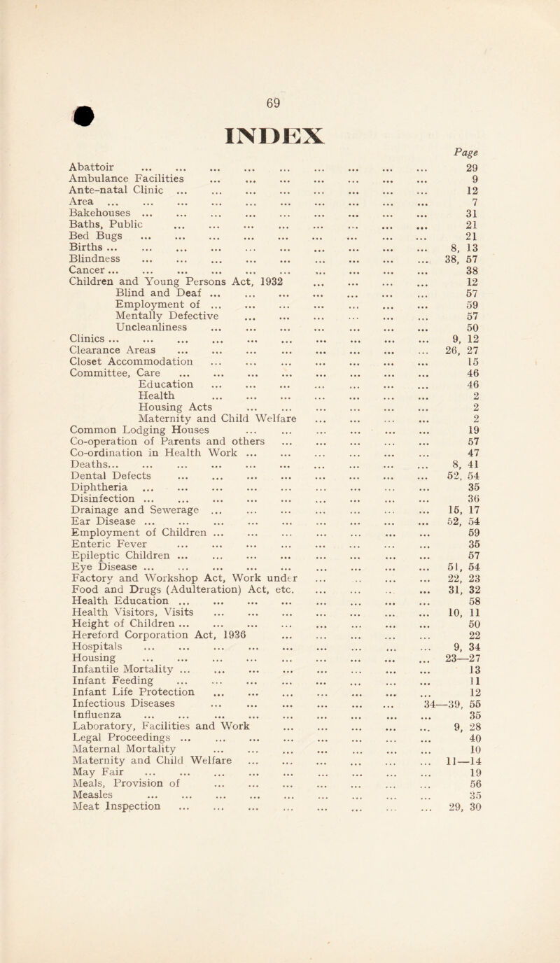 INDEX Abattoir Ambulance Facilities Ante-natal Clinic ... Ar e a ... ... ... ... ... ... Bakehouses ... Baths, Public Bed Bugs Births ... ... ... ... ... ... Blindness Cancer... ... ... ... ... ... Children and Young Persons Act, 1932 Blind and Deaf ... Employment of Mentally Defective Uncleanliness ... Clinics ... ... ... ... ... ... Clearance Areas Closet Accommodation Committee, Care Education Health Housing Acts Maternity and Child Welfare Common Lodging Houses Co-operation of Parents and others Co-ordination in Health Work ... Id e a t li s... ... ... ... ... ... Dental Defects Diphtheria Disinfection ... Drainage and Sewerage ... Ear Disease ... Employment of Children ... Enteric Fever Epileptic Children ... Eye Disease ... Factory and Workshop Act, Work under Food and Drugs (Adulteration) Act, etc. Health Education ... Health Visitors, Visits Height of Children ... Hereford Corporation Act, 1936 Hospitals ... ... ... ... ... Housing Infantile Mortality ... Infant Feeding Infant Life Protection Infectious Diseases influenza Laboratory, Facilities and Work Legal Proceedings ... Maternal Mortality Maternity and Child Welfare May Fair Meals, Provision of Measles Meat Inspection Page 29 9 12 7 31 21 21 8, 13 38, 57 38 12 57 59 57 50 9, 12 26, 27 15 46 46 2 2 2 19 57 47 8, 41 52, 54 35 36 16, 17 52, 54 59 35 57 51, 54 22, 23 31, 32 58 10, 11 50 22 9, 34 23—27 13 11 12 4—39, 55 35 9, 28 40 10 11—14 19 56 35 . 29, 30