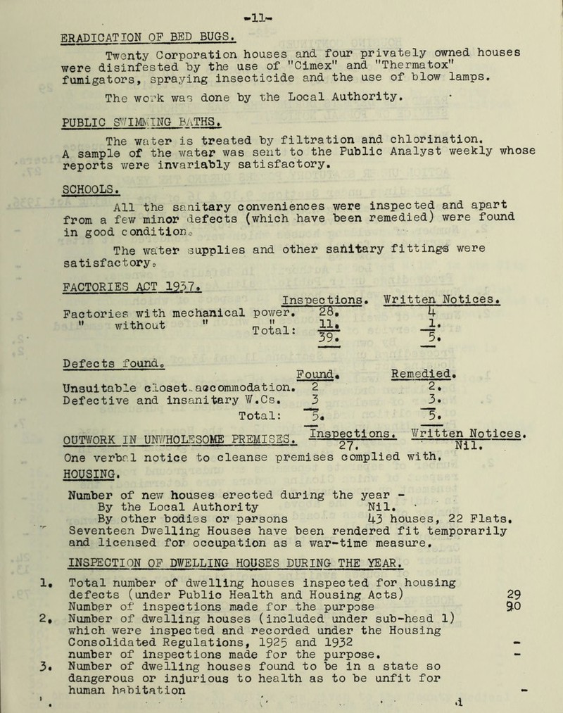 11- ERADIOATION OF BED BUGS. Twenty Corporation houses and four privately owned houses were disinfested by the use of Cimex and Thermatox fumigators, spraying insectioide and the use of blow lamps. The work was done by the Local Authority, PUBLIC BATHS, The water is treated by filtration and chlorination. A sample of the water was sent to the Public Analyst weekly whose reports v;ere invariably satisfactory, SCHOOLS. All the sanitary conveniences were inspected and apart from a few minor defects (which have been remedied) were found in good conditioijo The water supplies and other sanitary fittings were satisfactory? FACTORIES ACT 1937» Inspections# Factories with mechanical powers without  Total: -i— Written Notices. u _1. 5. Defects found. Pound. Unsuitable closet-accommodation, 2 Defective and insanitary W.Cs. 3 Total: Remedied. 2. 5. OUTWORK IN UNv^HOLESOME PREMISES. y(^^.l?^Pg..,Notices One verbal notice to cleanse premises complied with, HOUSING, Number of new houses erected during the year - By the Local Authority Nil, By other bodies or persons k3 houses, 22 Plats, Seventeen Dwelling Houses have been rendered fit temporarily and licensed for occupation as a war-time measure, INSPECTION OF DWELLING HOUSES DURING THE YEAR, 1. Total number of dwelling houses inspected for housing defects (under Public Health and Housing Acts) 29 Number of inspections made for the purpose 90 2. Number of dwelling houses (included under sub-head l) which were inspected and recorded under the Housing Consolidated Regulations, 1925 and 1932 - number of inspections made for the purpose. 3. Number of dwelling houses found to be in a state so dangerous or injurious to health as to be unfit for human habitation d I