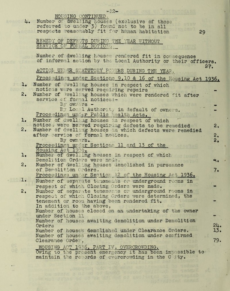 4. 1. 2. !• 2. 1, 2. 1. 2, HOUSING CONTINUED. Number o.^ dwelling houses (exclusive of those referred to under 3) found not to be in all respects reasonably fit for hinnan habitation REJ/lEDY of defects during the '.{EAR WITHOUT Device cnoPliAL notice.'; = 29 Number of dwelling houses rendered fit in cor sequence of informal action by the Local Authority or fcheir officers, . 2-7; ACTION UNDER STATUTOR'!if PCV.l’JRS DURING THI] YEAR, Prooeedin,-^3 under Sections 9.10 & 16 of the Housing Act 1936. Number of c'welling houses in respect of which notices wore served requiring repairs - Number of 'iv/elling houses v/hich v/ere rendered -^^it after service of fo/nal notices By owi’ors - . By Local Authorat.^ in default of owners. Proceedings unler Public health Acts. Number of dv/ellTiig houses in respect of which notices were served requiring defects to be reraedied 2, Number of dwelling houses in which defects were remedied after rervice of formal noaices, 2. By owr.ars. 2* Proceedings iu:der Sections 11 and 13 of the Housing Act 193~oT itumber of dwelling houses in respect of v/hich Demolition Orders were made, «•., Number of dwellrng houses demolished in pursuance of Demolition C'rdersj . 7* Proceedings under Section^12 of the Housing Act 1936. Number of separate tcnsme-lis or underground rooms in respect of which Closing Orders were made. Nuinber of separate tenemer/r.s or underground rooms in respect of which Closing Orders were determined^ the tenement or room having been rendered fit. In addition to the above, Number of houses closed on an undertaking of the owner under Section 11 Number of houses awaiting demolition under Demolition Orders • 24. Number of house's demolished under Clearance Orders. 13. Number of houses awaiting demolition under confirmed Clearance Order, 7,9» HOUSING ACT 1936. PART IV. OVERCROWDING. (Swing” ro the proseht emergency* it has been impossible to maintain the re ;ords of overcrowding in the C .(ty, '