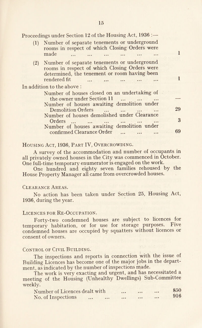 Proceedings under Section 12 of the Housing Act, 1936 :—■ (1) Number of separate tenements or underground rooms in respect of which Closing Orders were made «•* ... * • * .. • »• • • • • (2) Number of separate tenements or underground rooms in respect of which Closing Orders were determined, the tenement or room having been rendered fit In addition to the above : Number of houses closed on an undertaking of the owner under Section 11 Number of houses awaiting demolition under Demolition Orders Number of houses demolished under Clearance Orders ... ... • < > ••• ••• ••• Number of houses awaiting demolition under confirmed Clearance Order Housing Act, 1936, Part IV, Overcrowding. A survey of the accommodation and number of occupants in all privately owned houses in the City was commenced in October. One full-time temporary enumerator is engaged on the work. One hundred and eighty seven families rehoused by the House Property Manager all came from overcrowded houses. Clearance Areas. No action has been taken under Section 25, Housing Act, 1936, during the year. Licences for Re-Occupation. Forty-two condemned houses are subject to licences for temporary habitation, or for use for storage purposes. Five condemned houses are occupied by squatters without licences or consent of owners. Control of Civil Building. i The inspections and reports in connection with the issue of Building Licences has become one of the major jobs in the depart- ment, as indicated by the number of inspections made. The work is very exacting and urgent, and has necessitated a meeting of the Housing (Unhealthy Dwellings) Sub-Committee weekly. Number of Licences dealt with No. of Inspections 1 1 29 3 69 850 916