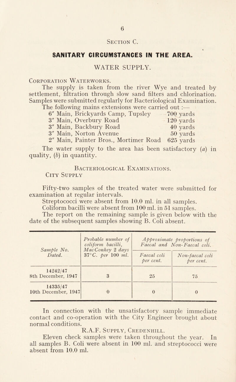 Section C. SANITARY CIRCUMSTANCES IN THE AREA. WATER SUPPLY. Corporation Waterworks. The supply is taken from the river Wye and treated by settlement, filtration through slow sand filters and chlorination. Samples were submitted regularly for Bacteriological Examination. The following mains extensions were carried out :— 6 Main, Brickyards Camp, Tupsley 700 yards 3 Main, Overbury Road 120 yards 3 Main, Backbury Road 40 yards 3 Main, Norton Avenue 50 yards 2 Main, Painter Bros., Mortimer Road 625 yards The water supply to the area has been satisfactory (a) in quality, (b) in quantity. Bacteriological Examinations. City Supply Fifty-two samples of the treated water were submitted for examination at regular intervals. Streptococci were absent from 10.0 ml. in all samples. Coliform bacilli were absent from 100 ml. in 51 samples. The report on the remaining sample is given below with the date of the subsequent samples showing B. Coli absent. Sample No. Dated. Probable number of coliform bacilli, MacConkey 2 days 37° C. per 100 ml. Approximate proportions of Faecal and Non-Faecal coli. Faecal coli per cent. Non-faecal coli per cent. 14242/47 8th December, 1947 3 25 75 14335/47 10th December, 1947 0 0 0 In connection with the unsatisfactory sample immediate contact and co-operation with the City Engineer brought about normal conditions. R.A.F. Supply, Credenhill. Eleven check samples were taken throughout the year. In all samples B. Coli were absent in 100 ml. and streptococci were absent from 10.0 ml.