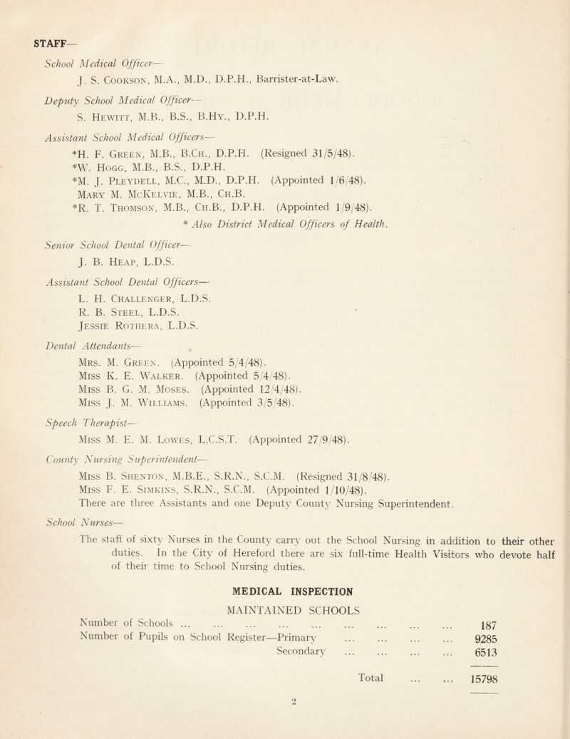 STAFF— School Medical Officer— J. S. CooKSON, M.A., M.D., D.P.H., Barrister-at-Law. Deputy School Medical Officer— S. Hewitt, M.B., B.S., B.Hy., D.P.H. Assistant School Medical Officers— *H. F. Green, M.B., B.Ch., D.P.H. (Resigned 31/5/48). *W. Hogg, M.B., B.S., D.P.H. *M. J. Pleydell, M.C., M.D., D.P.H. (Appointed 1/6/48). Mary M. McKelvie, M.B., Ch.B. *R. T. Thomson, M.B., Ch.B., D.P.H. (Appointed 1/9/48). * Also District Medical Officers of Health. Senior School Dental Officer— J. B. Heap, L.D.S. Assistant School Dental Officers— L. H. Challenger, L.D.S. R. B. Steel, L.D.S. Jessie Rothera, L.D.S. Dental Attendants— Mrs. M. Green. (Appointed 5/4/48). Miss K. E. Walker. (Appointed 5/4/48). Miss B. G. M. Moses. (Appointed 12/4/48). Miss J. M. Williams. (Appointed 3/5/48). Speech Therapist— Miss M. E. M. Lowes, L.C.S.T. (Appointed 27/9/48). County Nursing Superintendent— Miss B. Shenton, M.B.E., S.R.N., S.C.M. (Resigned 31/8/48). Miss F. E. Simkins, S.R.N., S.C.M. (Appointed 1/10/48). There are three Assistants and one Deputy County Nursing Superintendent. School Nurses— The staff of sixty Nurses in the County carry out the School Nursing in addition to their other e f/i '’y o hfereford tfiere are six full-time Health Visitors who devote half of their time to School Nursing duties. MEDICAL INSPECTION MAINTAINED SCHOOLS Number of Schools Number of Pupils on School Register—Primary Secondary Total 187 9285 6513 15798