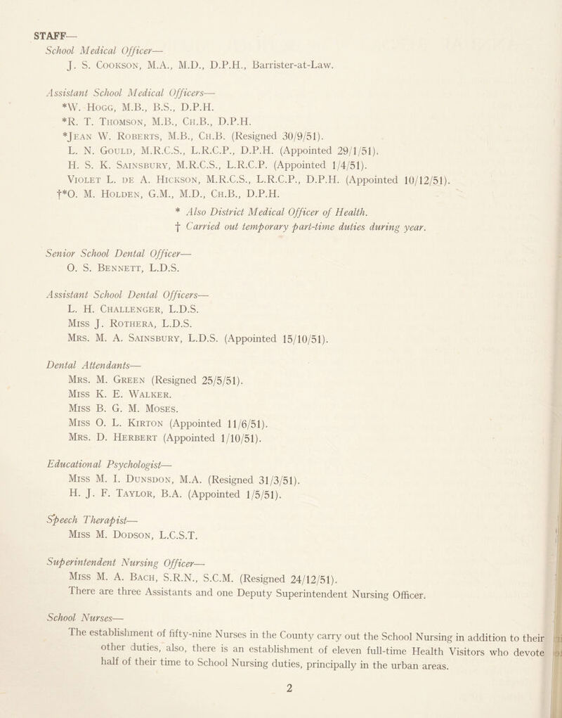 STAFF— School Medical Officer— J. S. Cookson, M.A., M.D., D.P.H,, Barrister-at-Law. Assistant School Medical Officers— *W. Hogg, M.B., B.S., D.P.H. *R. T. Thomson, M.B., Ch.B., D.P.H. *Jean W. Roberts, M.B., Ch.B. (Resigned 30/9/51). L. N. Gould, M.R.C.S., L.R.C.P., D.P.H. (Appointed 29/1/51). H. S. K. Sainsbury, M.R.C.S., L.R.C.P. (Appointed 1/4/51). Violet L. de A. Hickson, M.R.C.S., L.R.C.P., D.P.H. (Appointed 10/12/51). f*0. M. Holden, G.M., M.D., Ch.B., D.P.H. * Also District Medical Officer of Health. f Carried out temporary part-time duties during year. Senior School Dental Officer—• O. S. Bennett, L.D.S. Assistant School Dental Officers— L. H. Challenger, L.D.S. Miss J. Rothera, L.D.S. Mrs. M. A. Sainsbury, L.D.S. (Appointed 15/10/51). Dental Attendants— Mrs. M. Green (Resigned 25/5/51). Miss K. E. Walker. Miss B. G. M. Moses. Miss O. L. Kirton (Appointed 11/6/51). Mrs. D. Herbert (Appointed 1/10/51). Educational Psychologist— Miss M. I. Dunsdon, M.A. (Resigned 31/3/51). H. J. F. Taylor, B.A. (Appointed 1/5/51). S'peech Therapist— Miss M. Dodson, L.C.S.T. Superintendent Nursing Officer— Miss M. A. Bach, S.R.N., S.C.M. (Resigned 24/12/51). There are three Assistants and one Deputy Superintendent Nursing Officer. School Nurses—■ The establishment of fifty-nine Nurses in the County carry out the School Nursing in addition to their other duties, also, there is an establishment of eleven full-time Health Visitors who devote half of their time to School Nursing duties, principally in the urban areas.