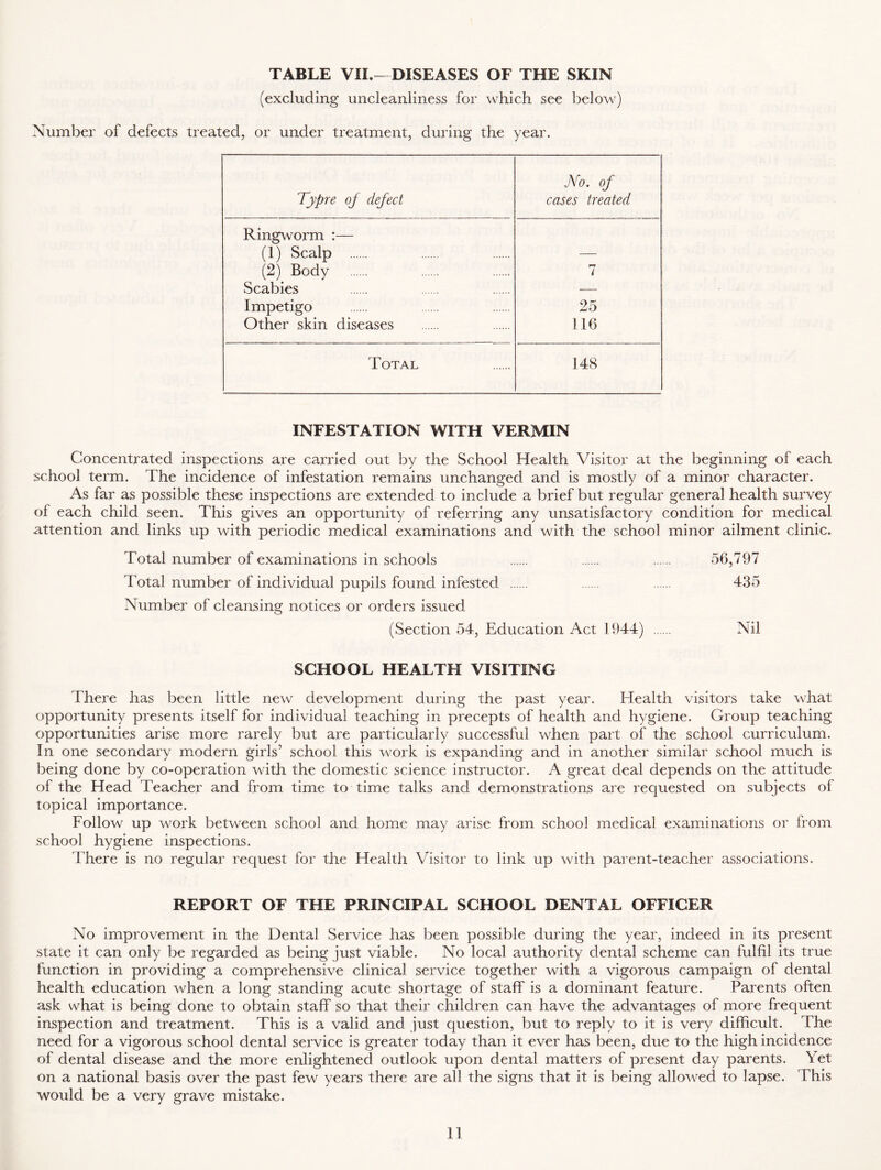 TABLE VII.- DISEASES OF THE SKIN (excluding uncleanliness for which see below) Number of defects treated, or under treatment, during the year. Typre of defect No. of cases treated Ringworm :— (1) Scalp — (2) Body m t Scabies — Impetigo 25 Other skin diseases 116 Total 148 INFESTATION WITH VERMIN Concentrated inspections are carried out by the School Health Visitor at the beginning of each school term. The incidence of infestation remains unchanged and is mostly of a minor character. As far as possible these inspections are extended to include a brief but regular general health survey of each child seen. This gives an opportunity of referring any unsatisfactory condition for medical attention and links up with periodic medical examinations and with the school minor ailment clinic. Total number of examinations in schools 56,797 Total number of individual pupils found infested 435 Number of cleansing notices or orders issued (Section 54, Education Act 1944) Nil SCHOOL HEALTH VISITING There has been little new development during the past year. Elealth visitors take what opportunity presents itself for individual teaching in precepts of health and hygiene. Group teaching opportunities arise more rarely but are particularly successful when part of the school curriculum. In one secondary modern girls’ school this work is expanding and in another similar school much is being done by co-operation with the domestic science instructor. A great deal depends on the attitude of the Head Teacher and from time to time talks and demonstrations are requested on subjects of topical importance. Follow up work between school and home may arise from school medical examinations or from school hygiene inspections. There is no regular request for the Health Visitor to link up with parent-teacher associations. REPORT OF THE PRINCIPAL SCHOOL DENTAL OFFICER No improvement in the Dental Service has been possible during the year, indeed in its present state it can only be regarded as being just viable. No local authority dental scheme can fulfil its true function in providing a comprehensive clinical service together with a vigorous campaign of dental health education when a long standing acute shortage of staff is a dominant feature. Parents often ask what is being done to obtain staff so that their children can have the advantages of more frequent inspection and treatment. This is a valid and just question, but to reply to it is very difficult. The need for a vigorous school dental service is greater today than it ever has been, due to the high incidence of dental disease and the more enlightened outlook upon dental matters of present day parents. Yet on a national basis over the past few years there are all the signs that it is being allowed to lapse. This would be a very grave mistake.