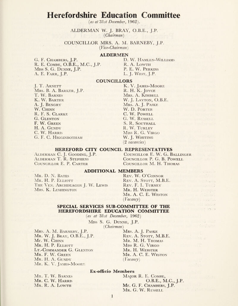 Herefordshire Education Committee (as at 31 si December, 1962). ALDERMAN W. J. BRAY, O.B.E., J.P. |[ ■ (Chairman) COUNCILLOR MRS. A. M. BARNEBY, J.P. (Vice-Chairman) ALDERMEN G. F. Chambers, J.P. D. W. Hamlen-Williams R. E. Combe, O.B.E., M.C., J.P. R. A. Lowth Miss S. G. Dunne, J.P. P. E. W. Perkins A. E. Farr, J.P.  L. J. West, J.P. J. T. Arnett Mrs. B. A. Barker, J.P. T. W. Barnes K. W. Barter A.J. Bengry W. Chinn R. F. S. Clarke G. Glenton F. W. Green H. A. Gundy C. W. Harris G. F. C. Higginbotham HEREFORD CITY COUNCIL REPRESENTATIVES Alderman C. J. Gooding, J.P. Councillor E. W. G. Ballinger Alderman T. R. Stephens Councillor P. G. B. Powell Councillor E. P. Carter Councillor M. H. Thomas COUNCILLORS K. V. James-Moore R. H. K. Joyce Mrs. A. Kimbell W. J. Layton, O.B.E. Mrs. A. J. Paske W. D. Porter C. W. Powell G. W. Russell S. R. Southall R. W. Turley Miss R. G. Virgo W. J. Whiting (2 vacancies) ADDITIONAL MEMBERS Mr. D. N. Bates Rev. W. O’Connor Mr. H. P. Elliott Rev. A. Stott, M.B.E. The Yen. Archdeacon J. W. Lewis Rev. F. I. Turney Mrs. K. Lushington Mr. H. Webster Mr. A. C. E. Weston (Vacancy) SPECIAL SERVICES SUB COMMITTEE OF THE HEREFORDSHIRE EDUCATION COMMITTEE (as at 31st December, 1962) Miss f VIrs. A. M. Barneby, J.P. Mr. W. J. Bray, O.B.E., J.P. Mr. W. Chinn YIr. FI. P. Elliott Lt.-Commander G. Glenton Mr. F. W. Green Mr. FT. A. Gundy Mr. K. V. James-Moore . G. Dunne, J.P. (Chairman) Mrs. A. J. Paske Rev. A. Stott, M.B.E. Mr. M. H. Thomas Miss R. G. Virgo Mr. H. Webster Mr. A. G. E. Weston (Vacancy) Mr. T. W. Barnes Mr. C. W. FIarris Mr. R. A. Lowth Ex-officio Members Major R. E. Combe, O.B.E., M.C.JJY Mr. G. F. Chambers, J.P. Mr. G. W. Russell