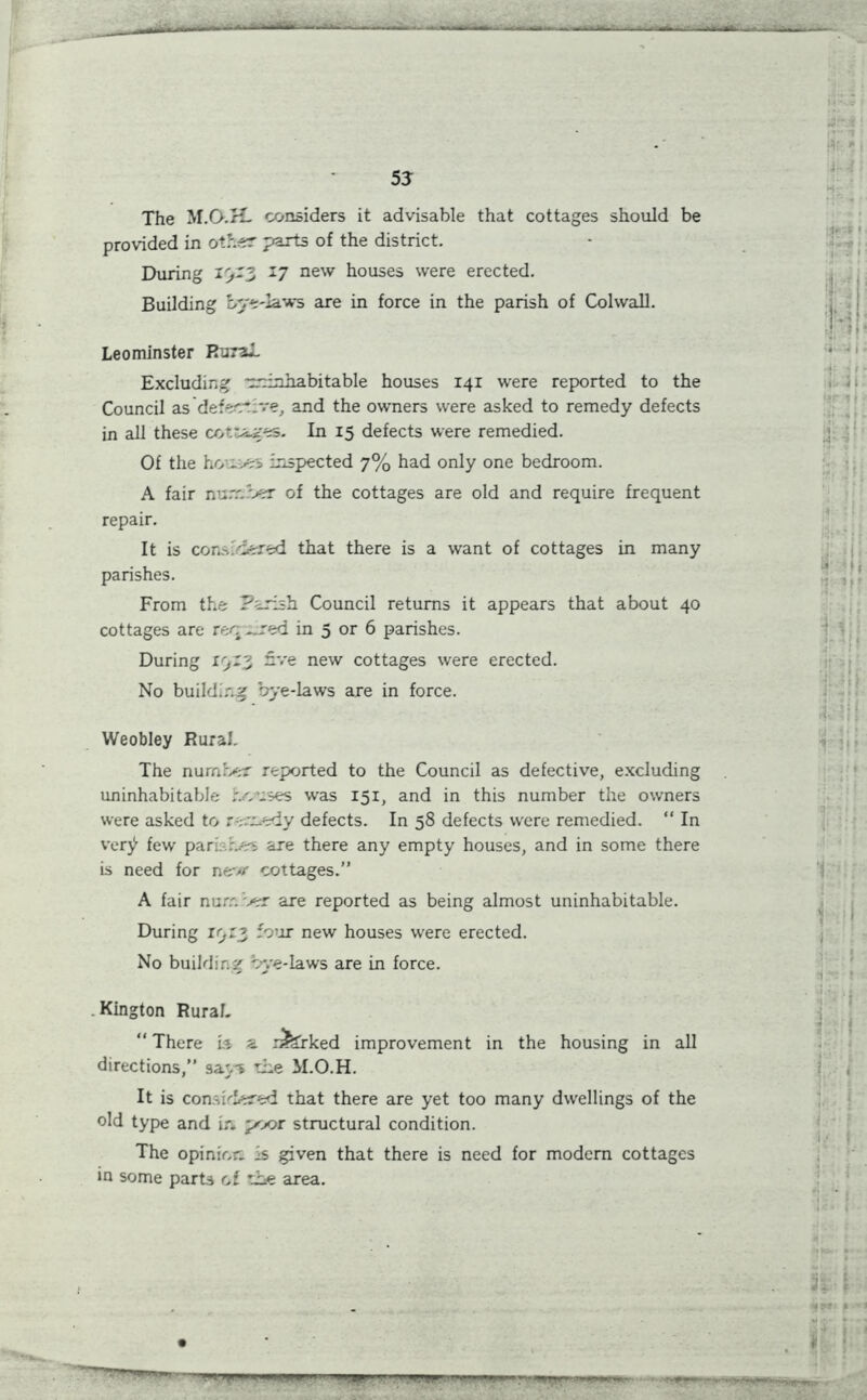 The M.O.K. considers it advisable that cottages should be provided in other parts of the district. During iy-3 17 new houses were erected. Building bye-laws are in force in the parish of Colwall. Leominster Rural Excluding '^inhabitable houses 141 were reported to the Council as defective, and the owners were asked to remedy defects in all these cottages. In 15 defects were remedied. Of the heroes inspected 7% had only one bedroom. A fair number of the cottages are old and require frequent repair. It is considered that there is a want of cottages in many parishes. From the Parish Council returns it appears that about 40 cottages are rec ~red in 5 or 6 parishes. During 13:3 five new cottages were erected. No building bye-laws are in force. Weobley Rural. The number reported to the Council as defective, excluding uninhabitable bouses was 151, and in this number the owners were asked to remedy defects. In 58 defects were remedied. “ In very few parishes are there any empty houses, and in some there is need for new cottages.” A fair number are reported as being almost uninhabitable. During ryr* four new houses were erected. No building bye-laws are in force. . Kington Rural. “ There is a i^Srked improvement in the housing in all directions,” says the M.O.H. It is considered that there are yet too many dwellings of the old type and in poor structural condition. The opinion. is given that there is need for modern cottages in some parts of the area.