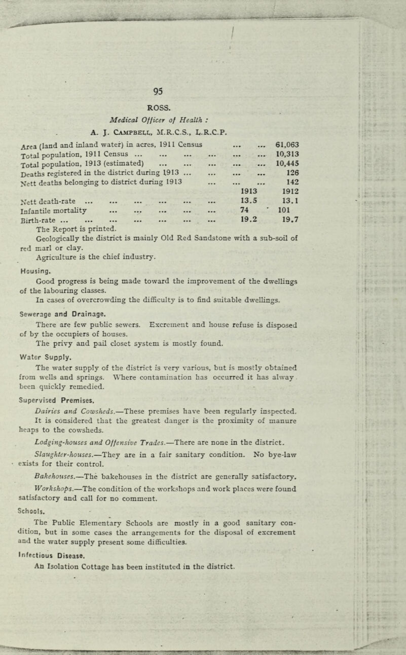 Medical Officer of Health : A. J. Campbell, M.R.C.S., L.R.C.P. Area (land and inland water) in acres, 1911 Census Total population, 1911 Census ... Total population, 1913 (estimated) Deaths registered in the district during 1913 Nett deaths belonging to district during 1913 N’ctt death-rate Infantile mortality Birth-rate The Report is printed. Geologically the district is mainly Old Red Sandstone with a sub-soil of red marl or clay. Agriculture is the chief industry. ... 61,063 ... 10,313 ... 10,445 ... 126 ... 142 1913 1912 13.5 13.1 74 101 19.2 19.7 Housing. Good progress is being made toward the improvement of the dwellings of the labouring classes. In cases of overcrowding the difficulty is to find suitable dwellings. Sewerage and Drainage, There are few public sewers. Excrement and house refuse is disposed of by the occupiers of houses. The privy and pail closet system is mostly found. Water Supply. The water supply of the district is very various, but is mostly obtained from wells and springs. Where contamination has occurred it has alway been quickly remedied. Supervised Premises. Dairies and Cowsheds.—These premises have been regularly inspected. It is considered that the greatest danger is the proximity of manure heaps to the cowsheds. Lodging-houses and Offensive Trades.—There are none in the district. Slaughter-houses.—They are in a fair sanitary condition. No bye-law • exists for their control. Bakehouses.—The bakehouses in the district are generally satisfactory. Workshops.—The condition of the workshops and work places were found satisfactory and call for no comment. Schools. The Public Elementary Schools are mostly in a good sanitary con- dition, but in some cases the arrangements for the disposal of excrement and the water supply present some difficulties. Infectious Disease. An Isolation Cottage has been instituted in the district.