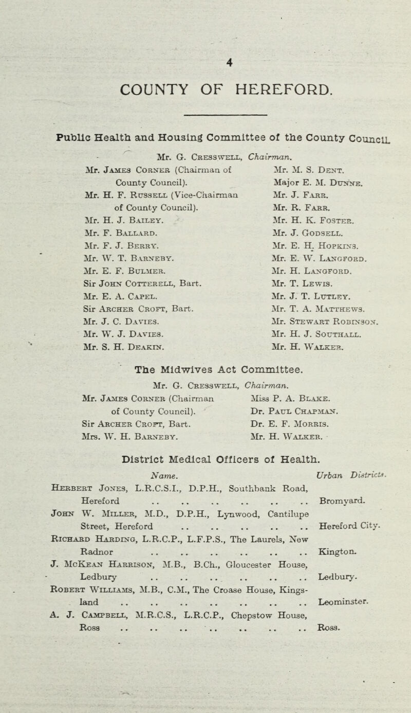 COUNTY OF HEREFORD. Public Health and Housing Committee of the County Council. Mr. G. Cress well. Chairman. Mr. James Corner (Chairman of Mr. M. S. Dent. County Council). Major E. M. Dunne. Mr. H. F. Russell (Vice-Chairman Mr. J. Farr. of County Council). Mr. H. J. Bailey. Mr. F. Ballard. Mr. F. J. Berry. Mr. W. T. Barneby. Mr. E. F. Bulmer. Sir John Cotterell, Bart. Mr. E. A. Capel. Sir Archer Croft, Bart. Mr. J. C. Davies. Mr. W. J. Davies. Mr. S. H. Deakin. Mr. R. Farr. Mr. H. K. Foster. Mr. J. Godsell. Mr. E. H. Hopkins. Mr. E. W. Lanoford. Mr. H. Lanoford. Mr. T. Lewis. Mr. J. T. Lutley. Mr. T. A. Matthews. Mr. Stewart Robinson. Mr. H. J. Southall. Mr. H. Walker. The Midwives Act Committee. Mr. G. Cresswell, Chairman. Mr. James Corner (Chairman Miss P. A. Blake. of County Council). Dr. Paul Chapman. Sir Archer Croft, Bart. Dr. E. F. Morris. Mrs. W. H. Barneby. Mr. H. Walker. District Medical Officers of Health. Name. Herbert Jones, L.R.C.S.I., D.P.H., Southbank Road, Hereford John W. Miller, M.D., D.P.H., Lynwood, Cantilupe Street, Hereford Richard Harding, L.R.C.P., L.F.P.S., The Laurels, New Radnor J. McKean Harrison, M.B., B.Ch., Gloucester House, Ledbury .. .. .. Robert Williams, M.B., C.M., The Croase House, Kings- land A. J. Campbell, M.R.C.S., L.R.C.P., Chepstow House, Ross .. .. ., Urban District. Bromyard. Hereford City. Kington. Ledbury. Leominster. Ross.