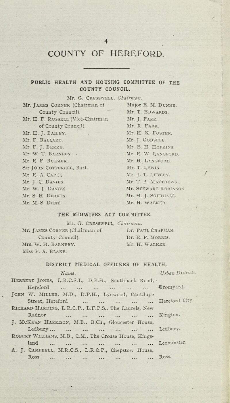 COUNTY OF HEREFORD. PUBLIC HEALTH AND HOUSING COMMITTEE OF THE COUNTY COUNCIL. Mr. G. Cresswei,!,, Chairman. ilr. J.43IES CoRN’ER (Chairman of Major E. M. Dcxxe. County Council). Mr. T. Edwards. Mr. H. F. RussECL (V'ice-Chairman Mr. J. Farr. of County Coundl). Mr. R. Farr. Mr. H. J. B.utEY. Mr. F. BAr,r,.\.RD. Mr. H. K. Foster. Mr. J. Godselc. Mr. F. J. Berry. Mr. W. T. Barxeby. • Mr. E. F. Bulmer. Sir John Cottereti,, Bart. Mr. E. A. C-APEE. Mr. J. C. Davies. Mr. W. J. Davies. ilr. S. H. Deakin. Mr. M. S. Dent. Mr. E. H. Hopkins. Mr. E. W. Langford. Mr. H. L-ANGFOrd. Mr. T. Lewis. Mr. J. T. Lutley. Mr. T. A. M.attiiews. . Mr. Stewart Robinson. Mr. H. J. Southall. Mr. H. W.ALKER. THE MIDWIVES ACT COMMITTEE. Mr. G. Cresswell, Chairman. Jlr. James Corner (Chairman of Dr. Paul Chap.ma.n. County Council). Dr. E. F. Morris. Mrs. W. H. Barneby. Mr. H. Walker. Miss P. A. Blake. DISTRICT MEDICAL OFFICERS OF HE.ALTH. Name. Urban Distnc: Herbert Jones, L.R.C.S.I., D.P.H., Southbank Road, Hereford John W. JIiller, M.D., D.P.H., Lynwood, Cantilupe Street, Hereford Richard H.arding, L.R.C.P., L.F.P.S., The Laurels, New Radnor J. McKean Harrison, M.B., B.Ch., Gloucester House, Ledbury ... Robert Wllllams, M.B., C.M., The Croase House, Kings- land A. J. Campbell, M.R.C.S., L.R.C.P., Chepstow House, Ross Cromyard. Hereford City- Kington. Ledbury. Leominster. Ross.