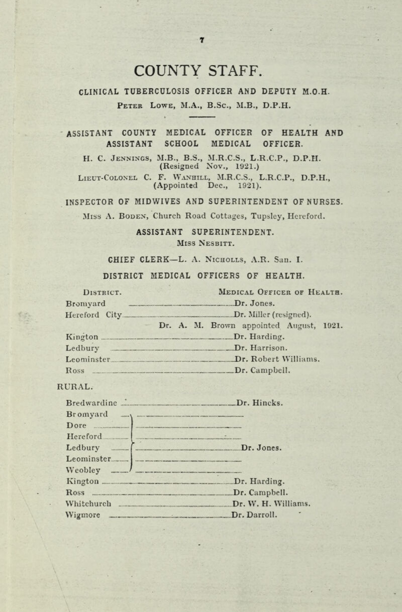 COUNTY STAFF. CLINICAL TUBERCULOSIS OFFICER AND DEPUTY M.O.H. Peter Lowe, M.A., B.Sc., M.B., D.P.H. ASSISTANT COUNTY MEDICAL OFFICER OF HEALTH AND ASSISTANT SCHOOL MEDICAL OFFICER. H. C. Jennings, M.B., B.S., M.R.C.S., L.R.C.P., D.P.H. (Resigned Nov., 1921.) Lieut-Colonel C. F. Wanhill, M.R.C.S., L.R.C.P., D.P.H., (Appointed Dec., 1921). INSPECTOR OF MIDWIVES AND SUPERINTENDENT OF NURSES. Miss A. Boden, Church Road Cottages, Tupsley, Hereford. ASSISTANT SUPERINTENDENT. Miss Nesbitt. CHIEF CLERK—L. A. Nicholls, A.R. San. I. DISTRICT MEDICAL OFFICERS OF HEALTH. District. Medical Officer of Health. Bromyard Dr. Jones. Hereford City .Dr. Miller (resigned). Dr. A. M. Brown appointed August, 1921. Kington Dr. Harding. Ledbury Dr. Harrison. Leominster _J)r. Robert Williams. Ross Dr. Campbell. RURAL. Bredwardinc Dr. Hincks. Bromyard \ Hereford I .-. Ledbury f Dr. Jones. Leominster.... I Kington ...Dr. Harding. Ross Dr. Campbell. Whitchurch Dr. W. H. Williams. Wigmore Dr. Darroll.