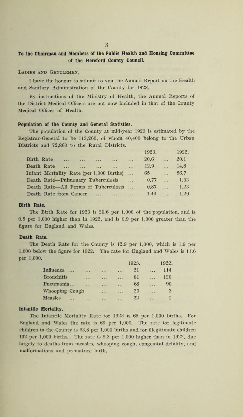 To the Chairman and Members of the Public Health and Housing Committee of the Hereford County Council. Ladies and Gentlemen, I have the honour to submit to you the Annual Report on the Health and Sanitary Administration of the County for 1923. By instructions of the Ministry of Health, the Annual Reports of the District Medical Officers are not now included in that of the County Medical Officer of Health. Population of the County and General Statistics. The population of the County at mid-year 1923 is estimated by the Registrar-General to be 113,260, of whom 40,400 belong to the Urban Districts and 72,860 to the Rural Districts. 1923. 1922. Birth Rate ... 20.6 20.1 Death Rate 12.9 14.8 Infant Mortality Rate (per 1,000 Births) ... 65 56.7 Death Rate—Pulmonary Tuberculosis 0.77 ... 1.03 Death Rate—All Forms of Tuberculosis ... 0.87 ... 1.23 Death Rate from Cancer 1.44 ... 1.29 Birth Rate. The Birth Rate for 1923 is 20.6 per 1,000 of the population, and is 0.5 per 1,000 higher than in 1922, and is 0.9 per 1,000 greater than the figure for England and Wales. Death Rate. The Death Rate for the County is 12.9 per 1,000, which is 1,000 below the figure for 1922. The rate for England and Wales per 1,000. 1923. 1922. Influenza ... 21 114 Bronchitis 81 120 Pneumonia... 68 90 Whooping Cough 23 3 Measles 22 1 Infantile Mortality. The Infantile Mortality Rate for 1923 is 65 per 1,000 births. For England and Wales the rate is 69 per 1,000. The rate for legitimate children in the County is 63.8 per 1,000 births and for illegitimate children 132 per 1,000 births. The rate is 8.3 per 1,000 higher than in 1922, due largely to deaths from measles, whooping cough, congenital debility, and malformations and premature birth.