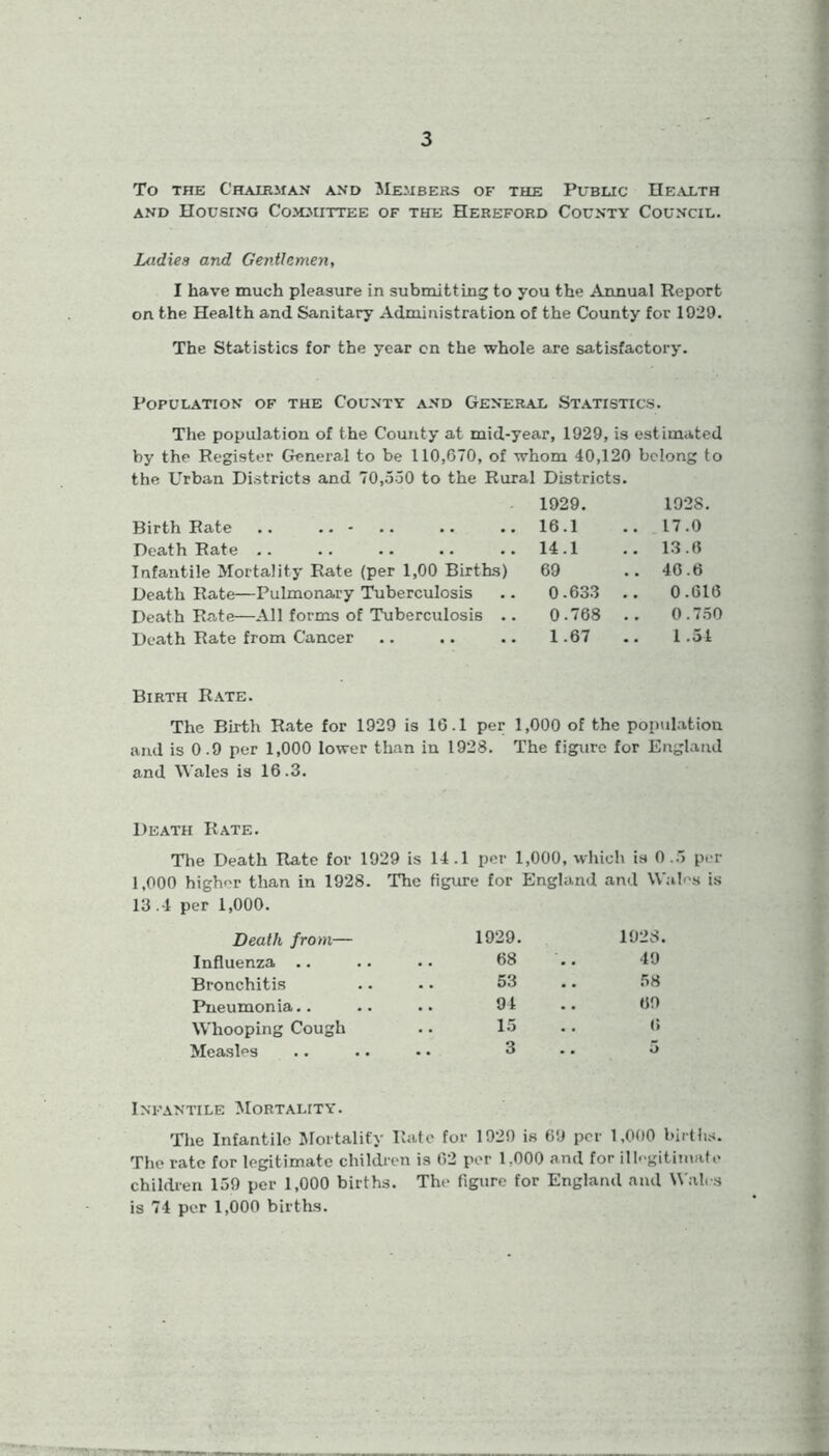 To the Chairman and Members of the Public Health and Housing Committee of the Hereford County Council. Ladies and Gentlemen, I have much pleasure in submitting to you the Annual Report on the Health and Sanitary Administration of the County for 1029. The Statistics for the year on the whole are satisfactory. Population of the County and General Statistics. The population of the County at mid-year, 1929, is estimated by the Register General to be 110,670, of whom 40,120 belong to the Urban Districts and 70,550 to the Rural Districts. 1929. 1928. Birth Rate .. .. - 16.1 . 17 .0 Death Rate .. 14.1 . 13 .6 Infantile Mortality Rate (per 1,00 Births) 69 . 46 .6 Death Rate—Pulmonary Tuberculosis 0.633 . . 0 .616 Death Rate—All forms of Tuberculosis .. 0.768 . 0 .750 Death Rate from Cancer 1.67 1 .51 Birth Rate. The Birth Rate for 1929 is 16.1 per 1,000 of the population and is 0.9 per 1,000 lower than in 1928. The figure for England and Wales is 16.3. Death Rate. The Death Rate for 1929 is 14.1 per 1,000, which is 0.5 per 1,000 higher than in 1928. The figure for England and Wales is 13.4 per 1,000. Death from— 1929. 1928. Influenza .. 68 49 Bronchitis 53 . • 58 Pneumonia.. 91 .. 69 Whooping Cough 15 6 Measles 3 .. 5 Infantile Mortality. The Infantile Mortality Rate for 1920 is 69 per 1,000 births. The rate for legitimate children is 62 per 1.000 and for illegitimate children 159 per 1,000 births. The figure for England and Wales is 74 per 1,000 births.