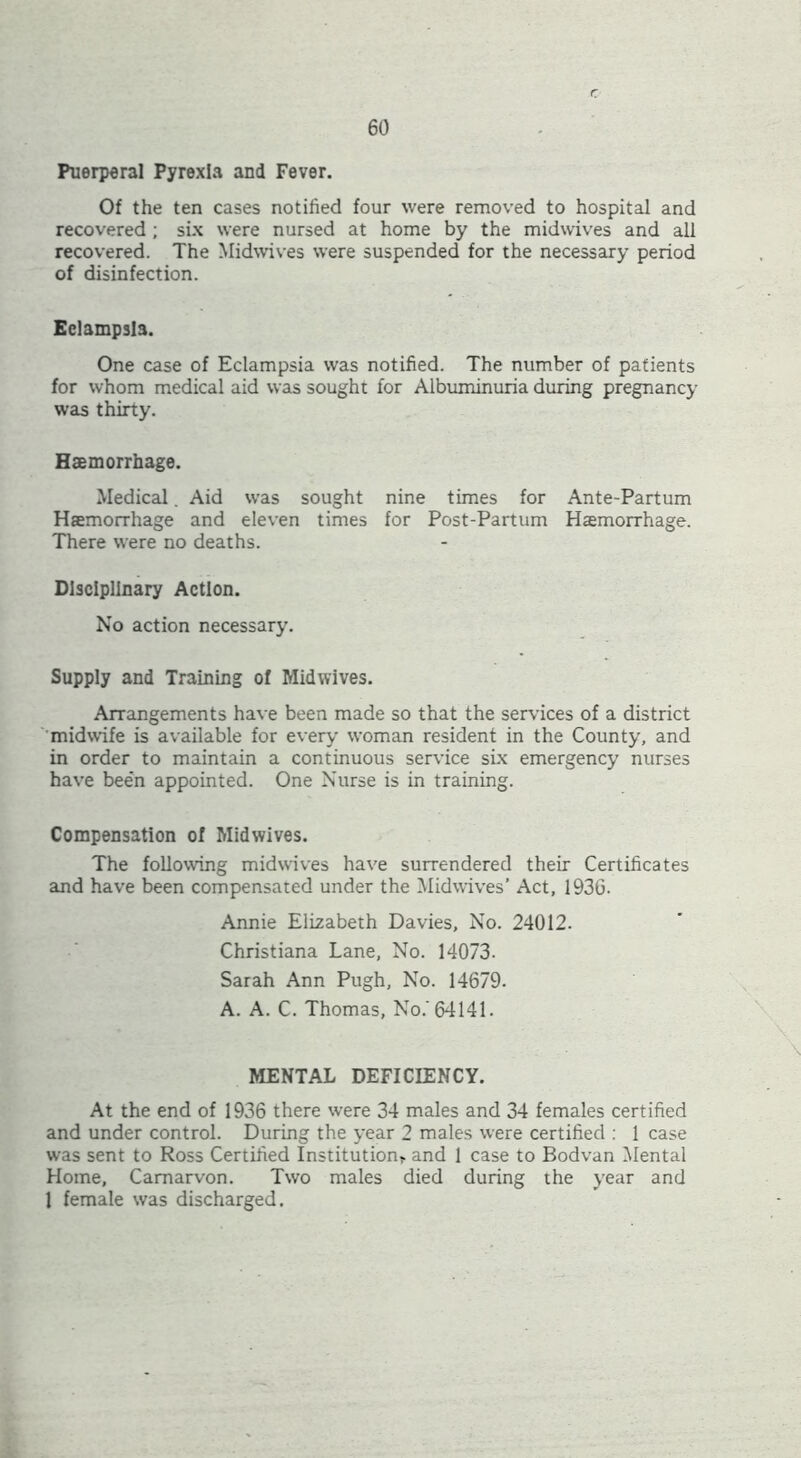 Puerperal Pyrexia and Fever. Of the ten cases notified four were removed to hospital and recovered ; six were nursed at home by the midwives and all recovered. The Midwives were suspended for the necessary period of disinfection. Eclampsia. One case of Eclampsia was notified. The number of patients for whom medical aid was sought for Albuminuria during pregnancy was thirty. Haemorrhage. Medical. Aid was sought nine times for Ante-Partum Haemorrhage and eleven times for Post-Partum Haemorrhage. There were no deaths. Disciplinary Action. No action necessary. Supply and Training of Mid wives. Arrangements have been made so that the services of a district ’midwife is available for every woman resident in the County, and in order to maintain a continuous service sLx emergency nurses have been appointed. One Nurse is in training. Compensation of Mid wives. The following midwives have surrendered their Certificates and have been compensated under the Midwives’ Act, 1936. Annie Elizabeth Davies, No. 24012. Christiana Lane, No. 14073. Sarah Ann Pugh, No. 14679. A. A. C. Thomas, No.' 64141. MENTAL DEFICIENCY. At the end of 1936 there were 34 males and 34 females certified and under control. During the year 2 males were certified : 1 case was sent to Ross Certified Institution^ and 1 case to Bodvan Mental Home, Carnarvon. Two males died during the year and 1 female was discharged.