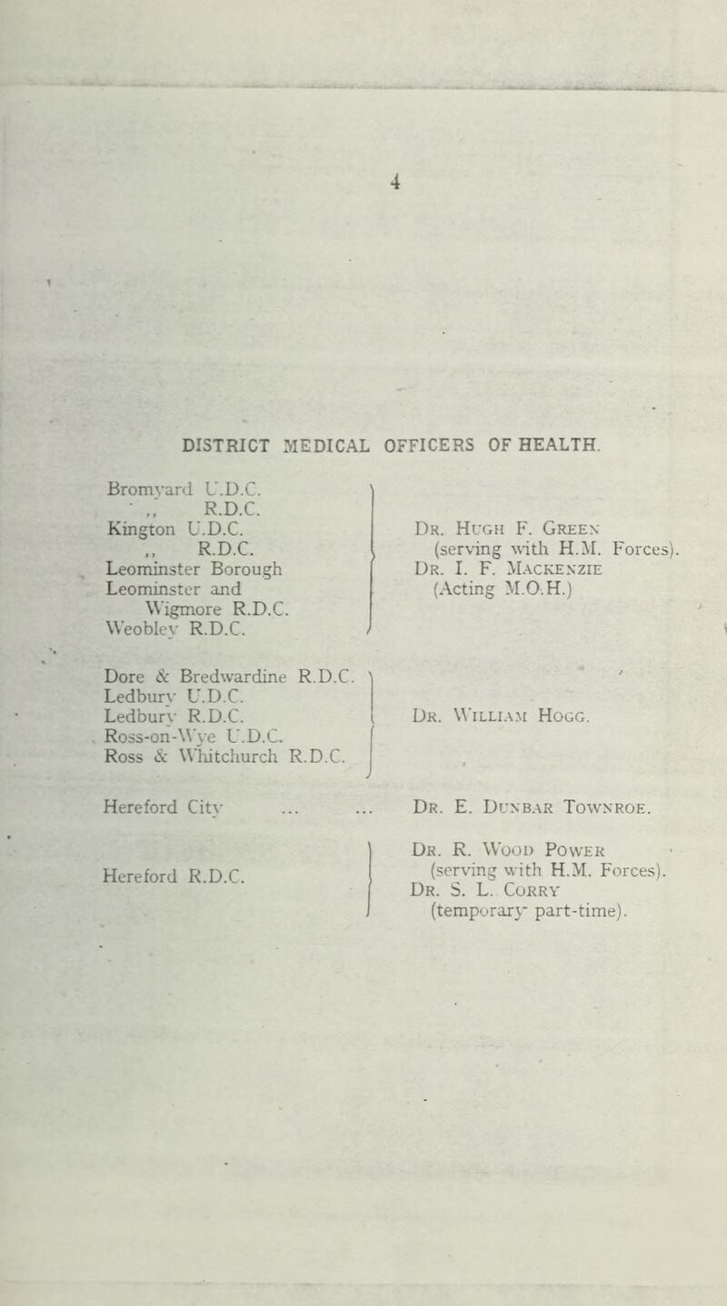 DISTRICT MEDICAL OFFICERS OF HEALTH. Bromyard U.D.C. • R.D.C. Kington U.D.C. R.D.C. Leominster Borough Leominster and Wigmore R.D.C. Weobley R.D.C. - Do re & Bredwardine R.D.C. ’ Ledburv U.D.C. Ledbury R.D.C. Ross-on-Wye U.D.C. Ross & Whitchurch R.D.C. Hereford Citv Hereford R.D.C. Dr. Hugh F. Green (serving with H.M. Forces) Dr. I. F. Mackenzie (Acting M.O.H.) Dr. William Hogg. Dr. E. Dunbar Townroe. Dr. R. Wood Power (serving with H.M. Forces). Dr. S. L. Corry (temporary part-time).