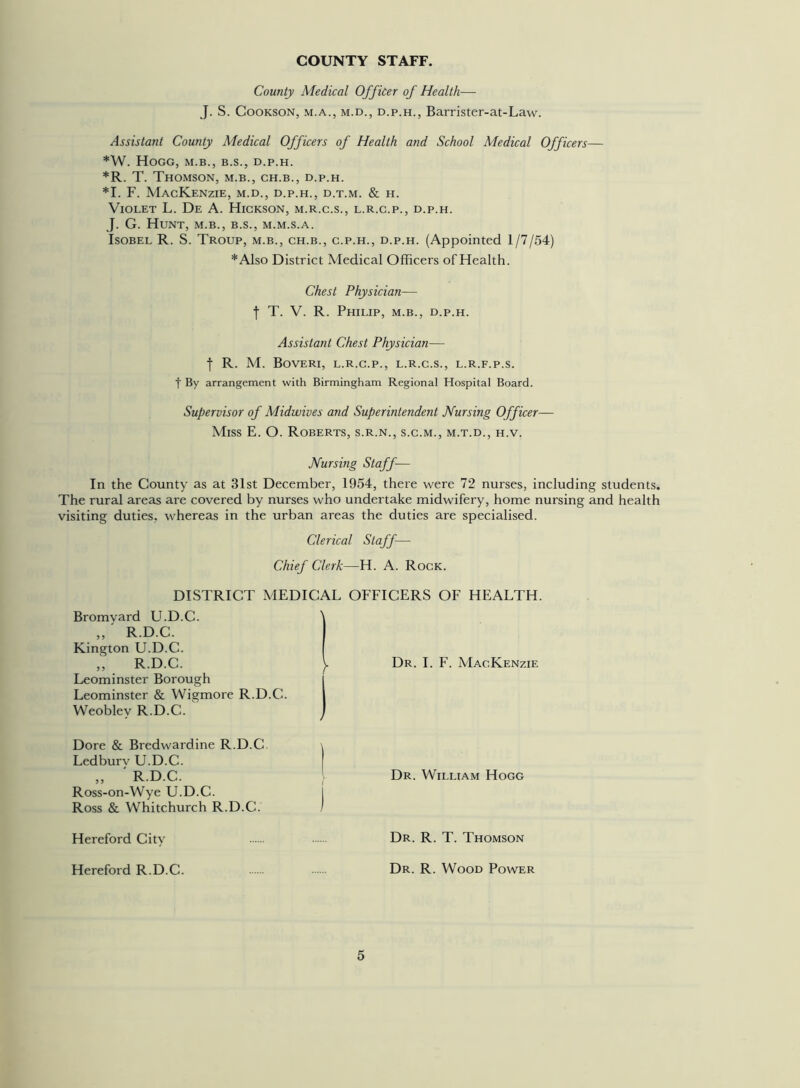 COUNTY STAFF. County Medical Officer of Health— J. S. Cookson, m.a., m.d., d.p.h., Barrister-at-Law. Assistant County Medical Officers of Health and School Medical Officers— *W. Hogg, m.b., b.s., d.p.h. *R. T. Thomson, m.b., ch.b., d.p.h. *1. F. Mackenzie, m.d., d.p.h., d.t.m. & h. Violet L. De A. Hickson, m.r.c.s., l.r.c.p., d.p.h. J. G. Hunt, m.b., b.s., m.m.s.a. Isobel R. S. Troup, m.b., ch.b., c.p.h., d.p.h. (Appointed 1/7/54) *Also District Medical Officers of Health. Chest Physician— f T. V. R. Philip, m.b., d.p.h. Assistant Chest Physician— I R. M. Boveri, l.r.c.p., l.r.c.s., l.r.f.p.s. f By arrangement with Birmingham Regional Hospital Board. Supervisor of Midwives and Superintendent Nursing Officer— Miss E. O. Roberts, s.r.n., s.c.m., m.t.d., h.v. Nursing Staff— In the County as at 31st December, 1954, there were 72 nurses, including students. The rural areas are covered by nurses who undertake midwifery, home nursing and health visiting duties, whereas in the urban areas the duties are specialised. Clerical Staff— Chief Clerk—H. A. Rock. DISTRICT MEDICAL OFFICERS OF HEALTH. Bromvard U.D.C. „ R.D.C. Kington U.D.C. R.D.C. Dr. I. F. Mackenzie Leominster Borough Leominster & Wigmore R.D.C. Weoblev R.D.C. Dore & Bredwardine R.D.C \ Ledbury U.D.C. ,, R.D.C. Dr. William Hogg Ross-on-Wye U.D.C. I Ross & Whitchurch R.D.C. ) Hereford City Dr. R. T. Thomson Hereford R.D.C. Dr. R. Wood Power