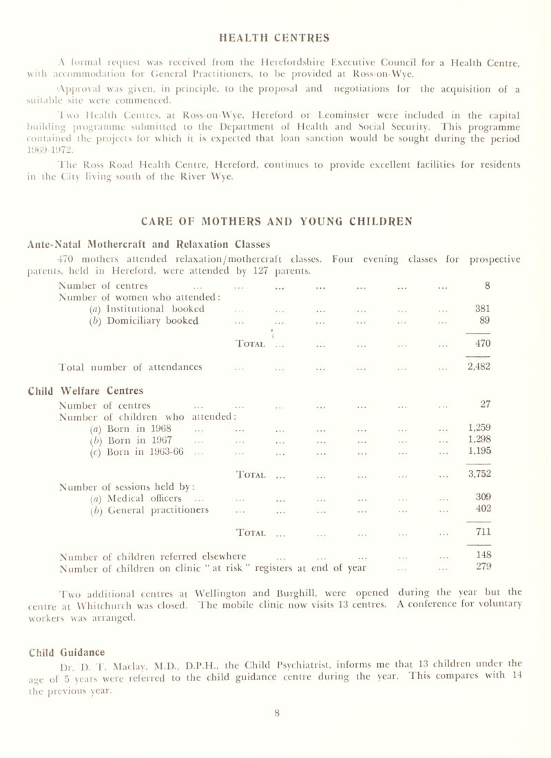 HEALTH CENTRES A formal request was received from the Herefordshire Executive Council for a Health Centre, with accommodation for General Practitioners, to be provided at Ross-on-Wye. Approval was given, in principle, to the proposal and negotiations for the acquisition of a suitable site were commenced. 1 wo Health Centres, at Ross-on-Wye, Hereford or Leominster were included in the capital building programme submitted to the Department of Health and Social Security. This programme contained the projects for which it is expected that loan sanction would be sought during the period 1969 1972. The Ross Road Health Centre, Hereford, continues to provide excellent facilities for residents in the City living south of the River Wye. CARE OF MOTHERS AND YOUNG CHILDREN Ante=Natal Mothercraft and Relaxation Classes 470 mothers attended relaxation/mothercraft classes. Four evening classes for prospective parents, held in Hereford, were attended by 127 parents. Number of centres ... ... ... ... ... ... ... 8 Number of women who attended: (a) Institutional booked . ... ... ... ... ... 381 (b) Domiciliary booked ••• ... ... ... ... 89 I Total ... ... ... ... ... 470 Total number of attendances ... ... ... ... ... ... 2,482 Child Welfare Centres Number of centres ... ... ... ... ... ... 27 Number of children who attended: («) Born in 1968 ... ... ... ... ... ••• ••• 1,259 (/;) Born in 1967 ... ... ... ... ... ... 1,298 (c) Born in 1963-66 ... ... ... ... ... ... ... 1,195 Total ... ... ... ... ... 3,752 Number of sessions held by: (a) Medical officers ... ... ... ... ... ••• ••• 309 (b) General practitioners ... ... ... ... ... ... 402 Total ... ... ... ... ... 711 Number of children referred elsewhere ... ... ... ... ••• 148 Number of children on clinic “at risk” registers at end of year ... 279 Two additional centres at Wellington and Burghill, were opened during the year but the centre at Whitchurch was closed. 1 he mobile clinic now visits 13 centres. A conference for voluntary workers was arranged. Child Guidance Dr. ]). T. Mac lay, M.D., D.P.H., the Child Psychiatrist, informs me that 13 children under the age of 5 years were referred to the child guidance centre during the year. This compares with 14 the previous year.